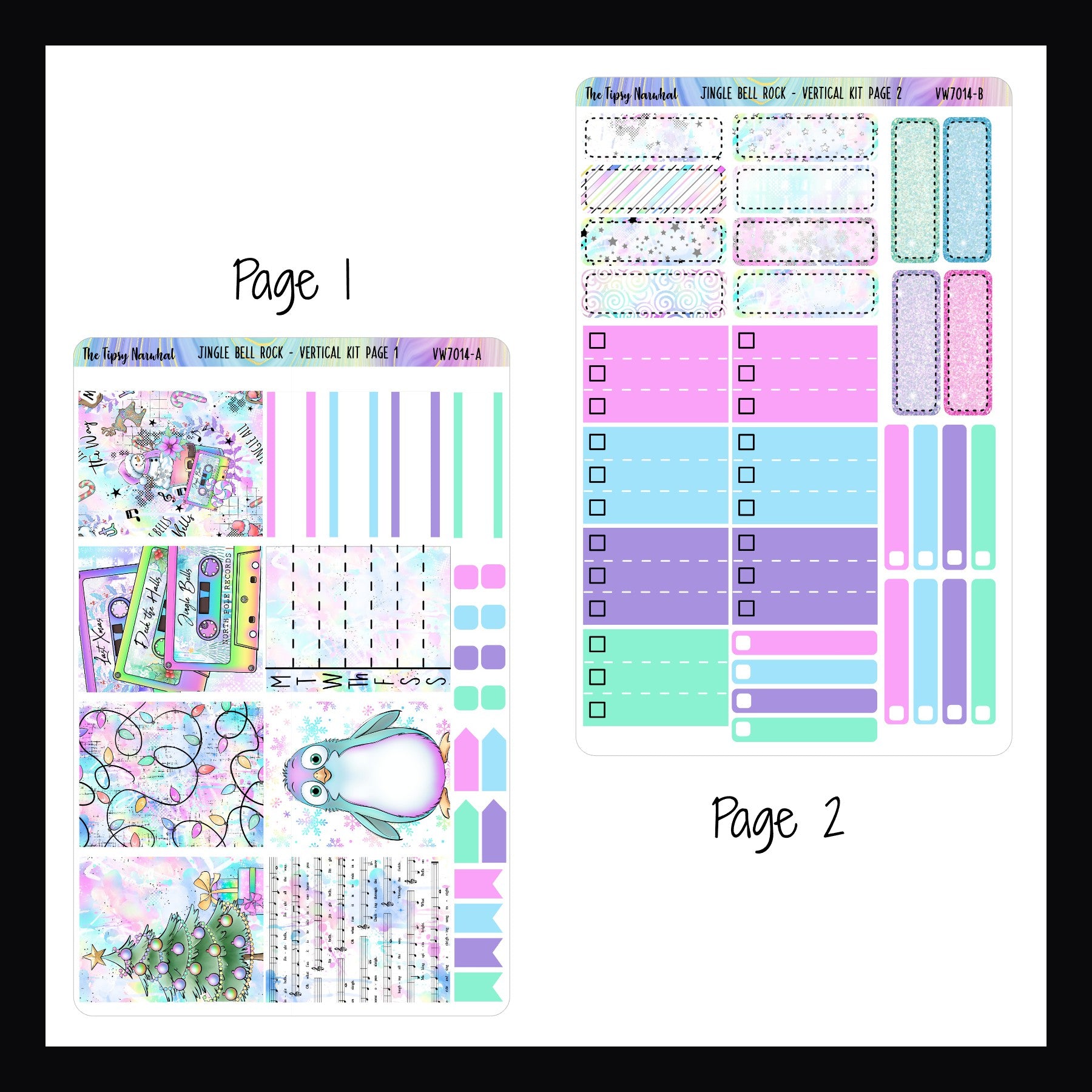 Jingle Bell Rock Vertical Kit Pages 1 and 2.  Page 1 features full decor boxes featuring holiday imagery, weekly sticker, page flags, and quarter boxes.  Page 2 features quarter boxes, top 3 priority boxes, and skinny check boxes.