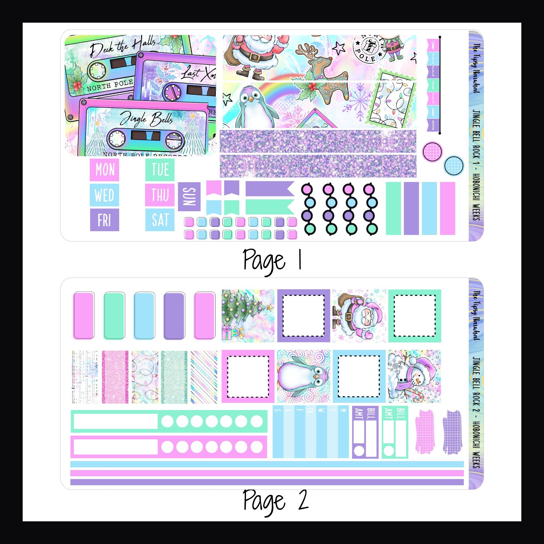 Jingle Bell Rock Hobonichi Weeks Kit pages 1 and 2.  Page 1 features holiday themed wash and large decor sticker, as well as date covers, page flags, checklist and header stickers.  Page 2 features square decor tickers, appointment stickers, habit tracking and bill tracking stickers as well as skinny washi and a weekly sticker.