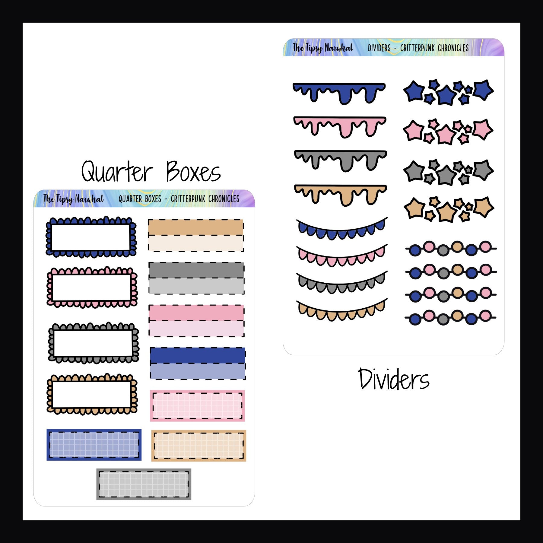 Critterpunk Chronicles Functionals quarter box sticker sheet features 12 quarter box stickers, 4 each of 3 different designs.  The Dividers sheet features 16 divider stickers in 4 different designs