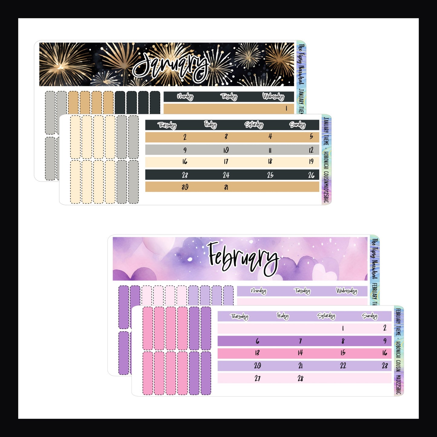 January and February 2025 Themed Monthly Kits. January features a new year theme with fireworks and a gold & black color palette. February features a pastel heart theme with a pink and lavender color palette.