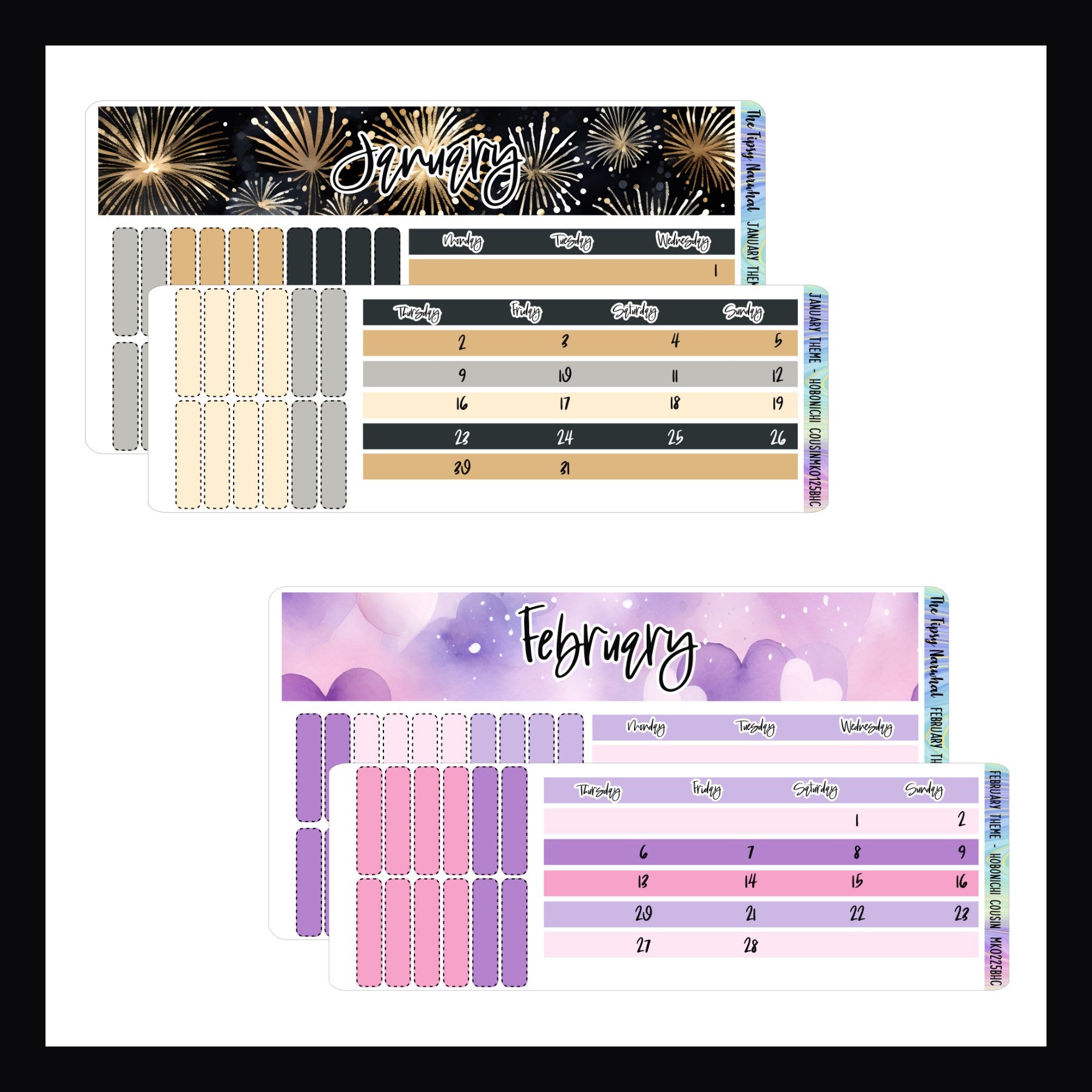 January and February 2025 Themed Monthly Kits.  January features a new year theme with fireworks and a gold & black color palette.  February features a pastel heart theme with a pink and lavender color palette.