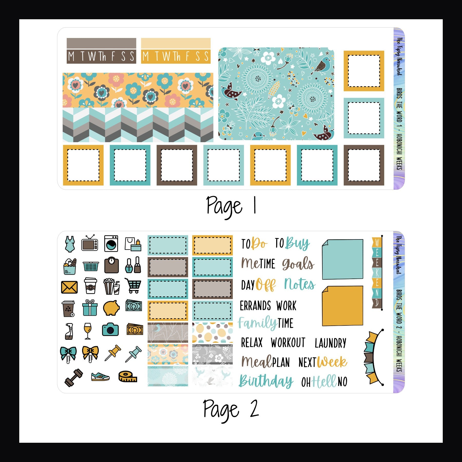 Digital Birds the Word Hobonichi Weeks Kit pages 1 and 2. Page 1 features habit tracker, square stickers, washi strips and a large format sticker. Page 2 features icon stickers, script stickers, appointment stickers and a weekend banner.
