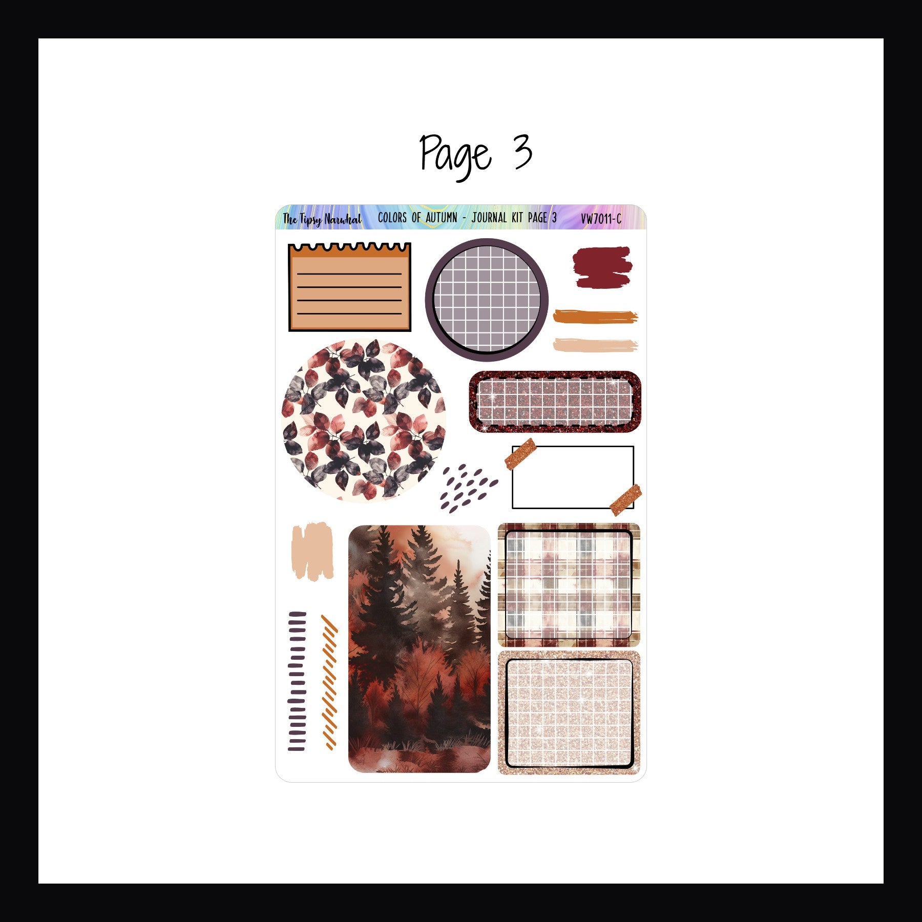 Colors of Autumn Journal Kit Page 3 features Circle and Box style decor elements, scribble stickers, and some notes style stickers.