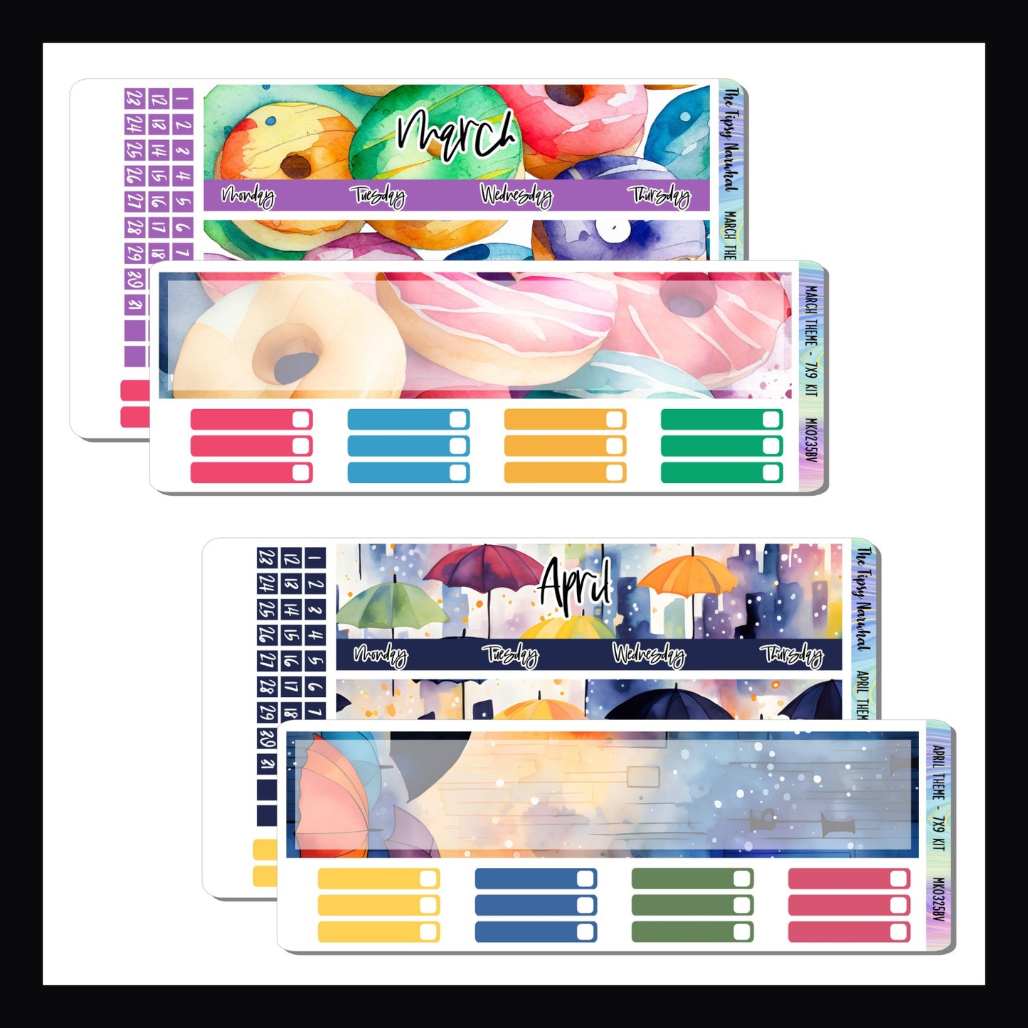 March and April Themed Monthly Kits for 7x9 Vertical Planners. March features a donut theme with a rainbow color palette. April's theme is umbrellas and rain and also features a rainbow color palette.