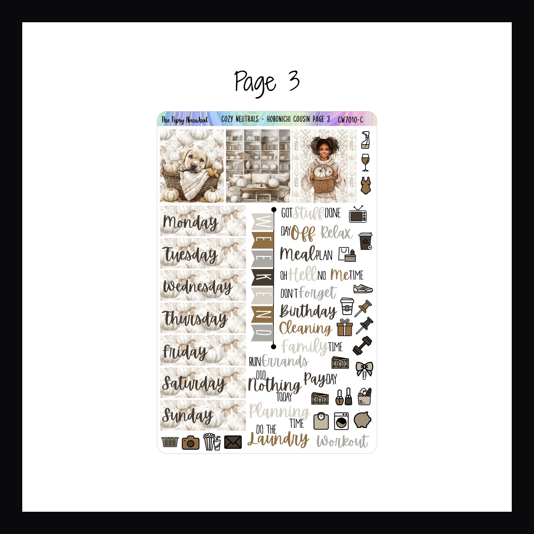 Cozy Neutrals Hobonichi Cousin Page 3 features full deco boxes, daily date covers, daily icons and script stickers.