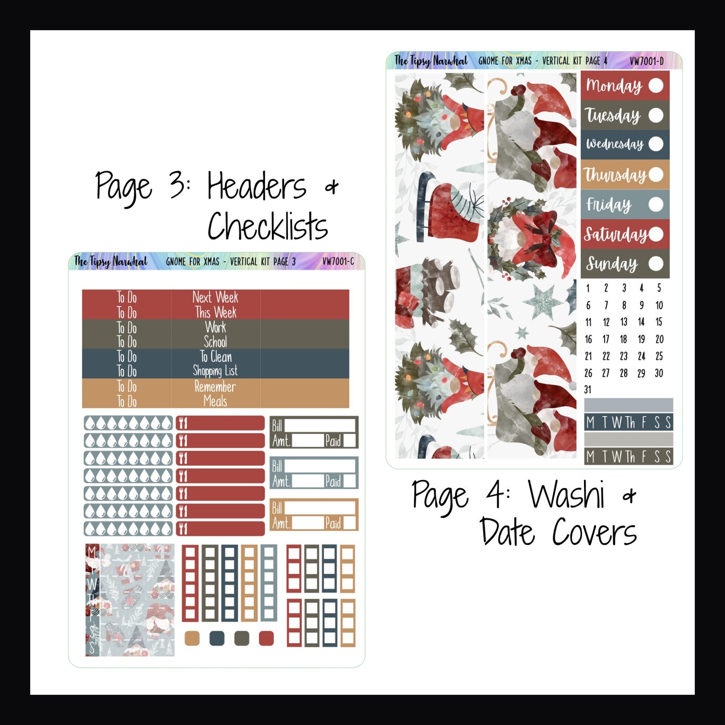 Gnome for Xmas Vertical Weekly Kit Pages 3 and 4. Page 3 features various header boxes, water tracking, meal tracking, bill tracking stickers, a full week sticker and multiple checklists. Page 4 features two large washi strips, date covers, date sticker and habit tracking stickers.