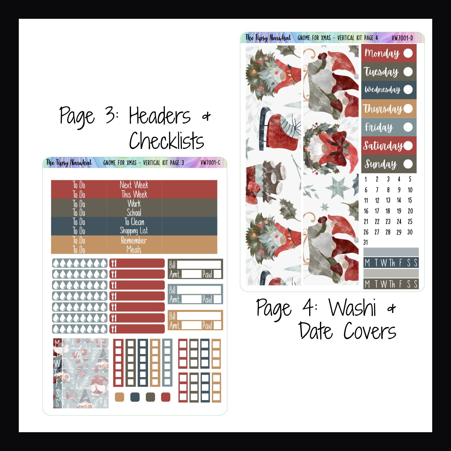 Gnome for Xmas Vertical Weekly Kit Pages 3 and 4.  Page 3 features various header boxes, water tracking, meal tracking, bill tracking stickers, a full week sticker and multiple checklists.  Page 4 features two large washi strips, date covers, date sticker and habit tracking stickers.