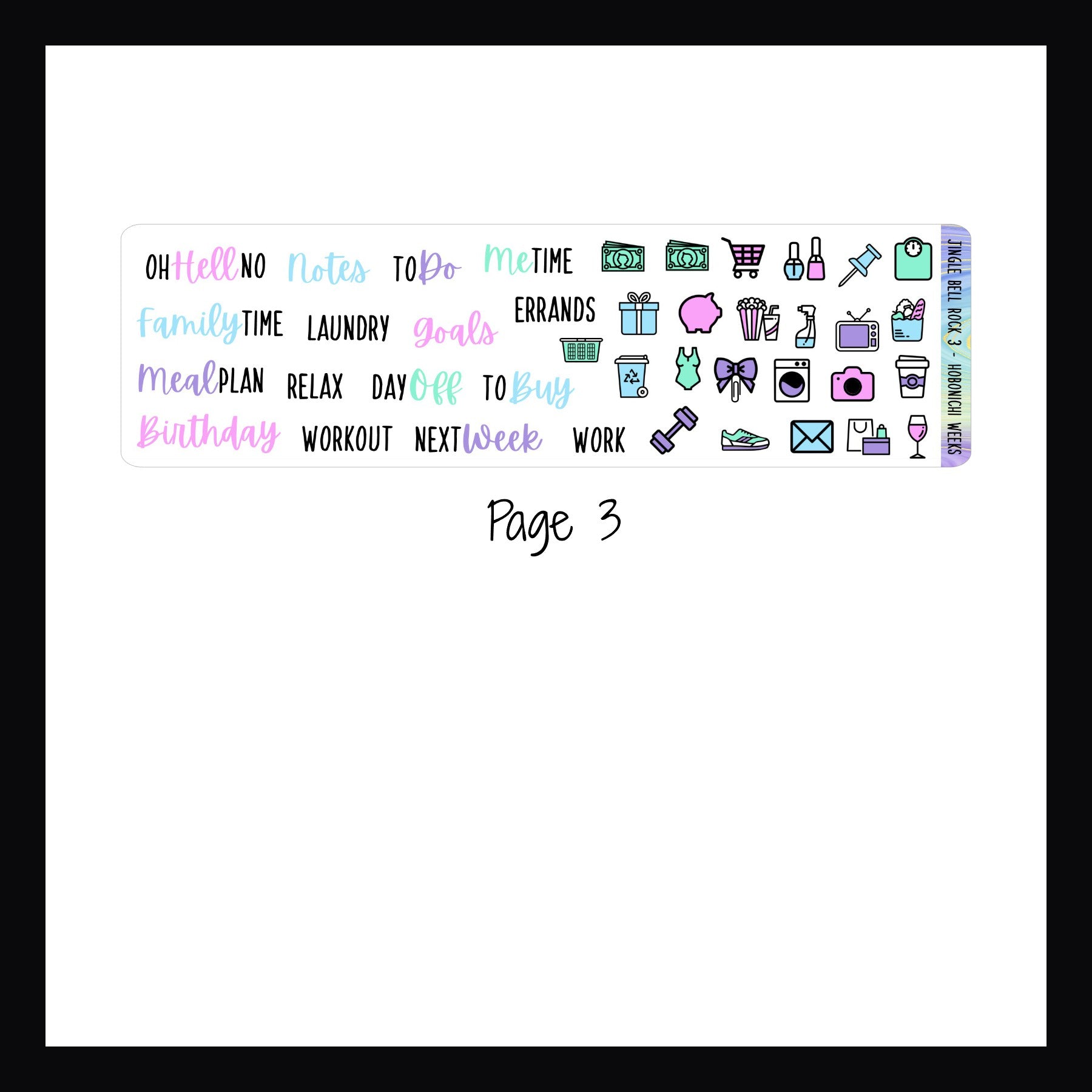 Jingle Bell Rock Hobonichi Weeks Kit page 3 features script stickers and daily icon stickers.