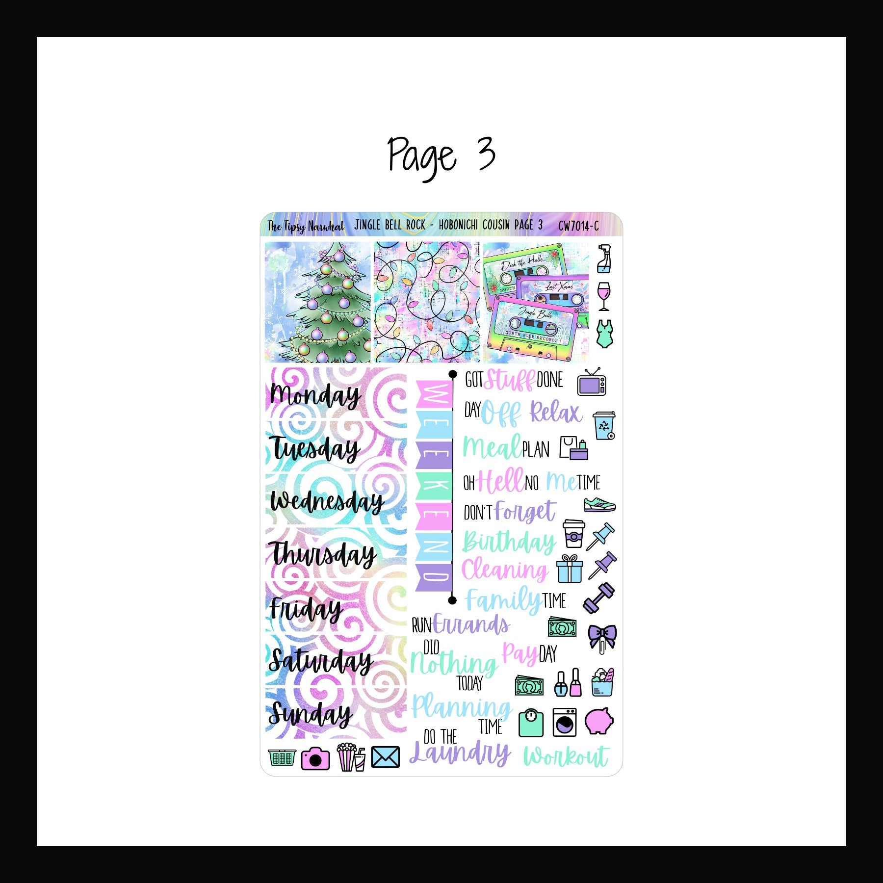 Jingle Bell Rock Hobonichi Cousin Kit page 3 features additional date covers, weekend banner, daily icons, script stickers and 3 full box decor stickers each with a different holiday motif.