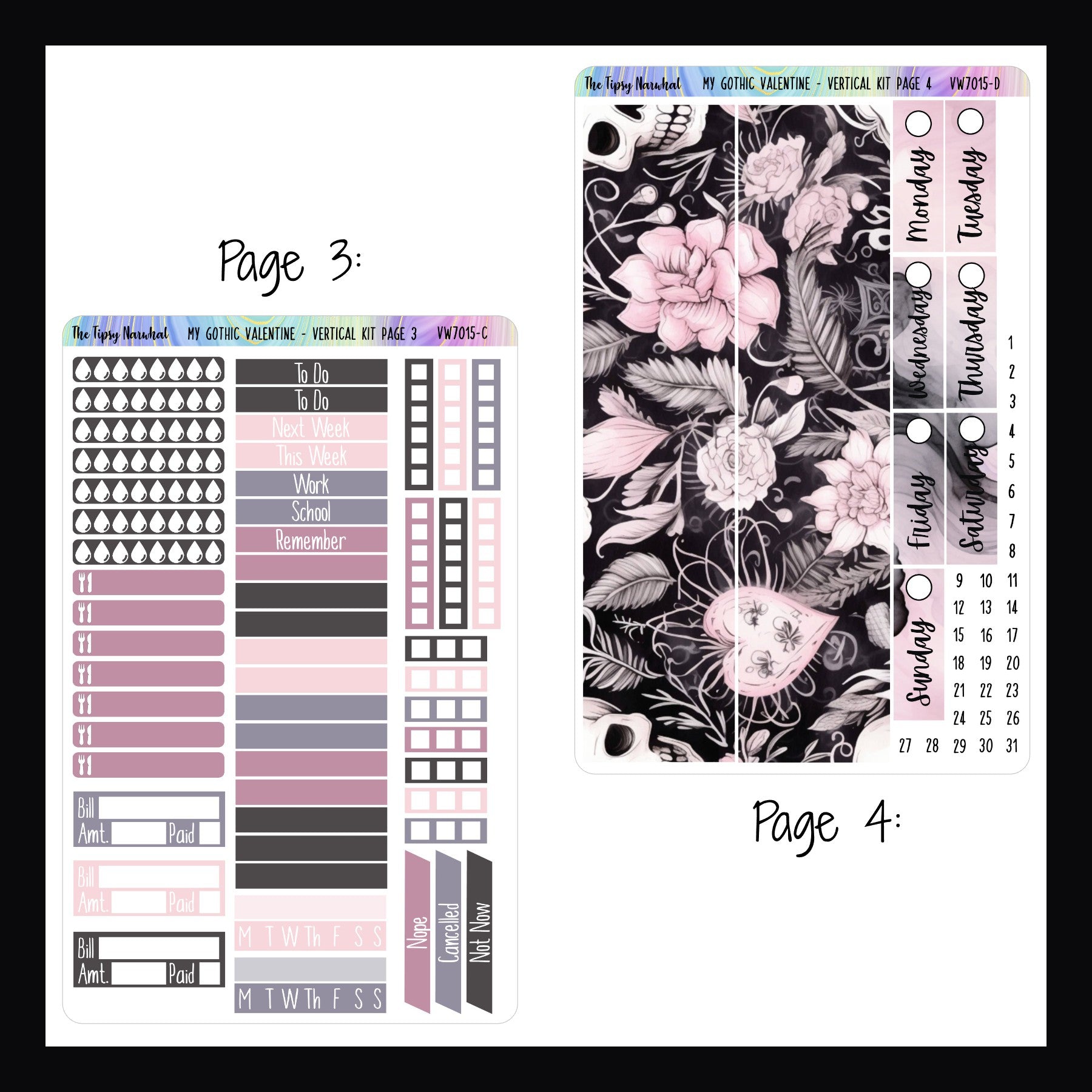 My Gothic Valentine Vertical Weekly Kit pages 3 and 4.  Page 3 features header stickers, checklist stickers, tracking for habits, meals and hydration as well as bill tracking and cancellation stickers.  Page 4 features large format washi, and date covers.