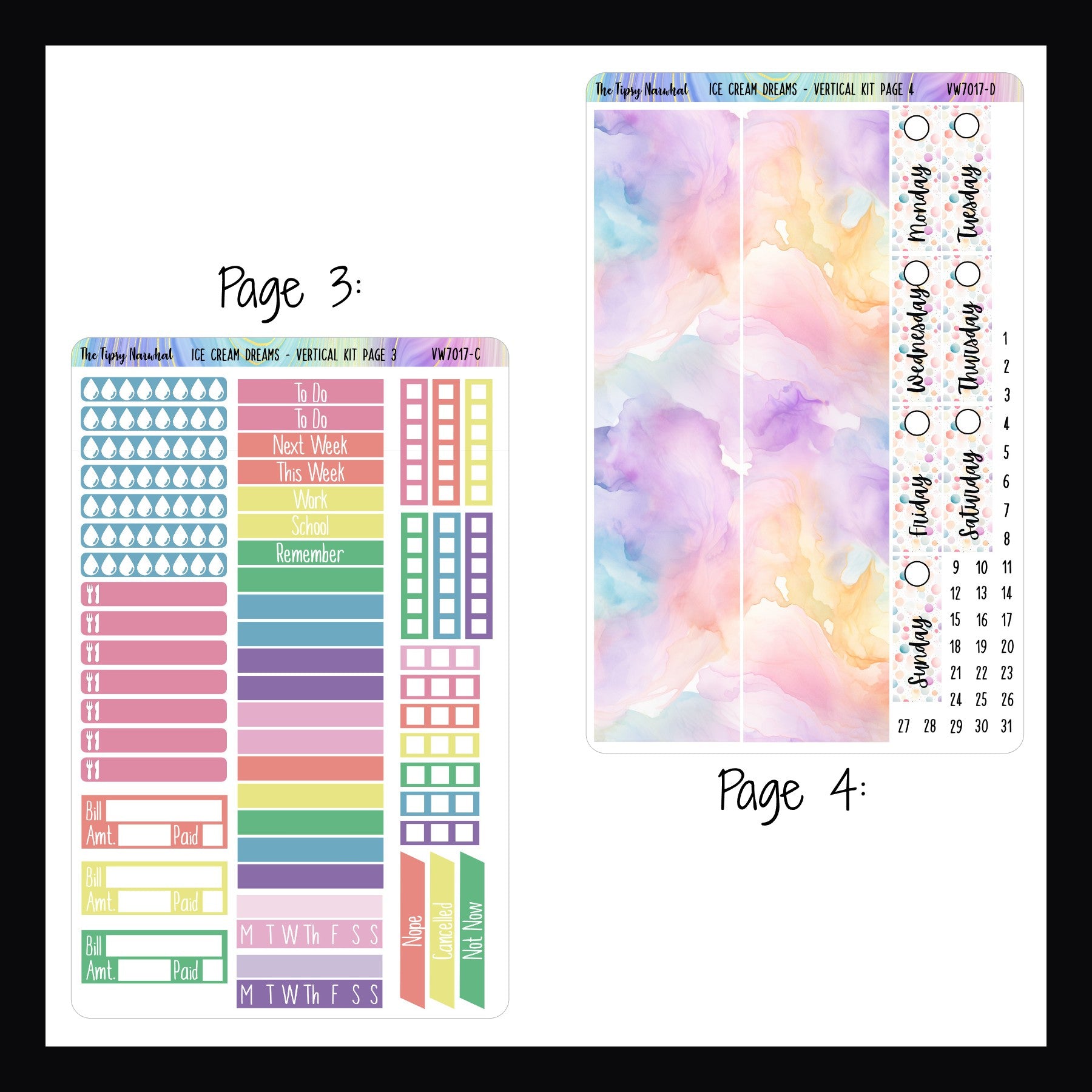 Ice Cream Dreams Vertical Weekly Kit pages 3 and 4.  Page 3 features water tracking, meal tracking, habit tracking, and bill tracking stickers.  It also features cancellation bars, header stickers and checklist stickers.  Page 4 features full size washi and date cover stickers.