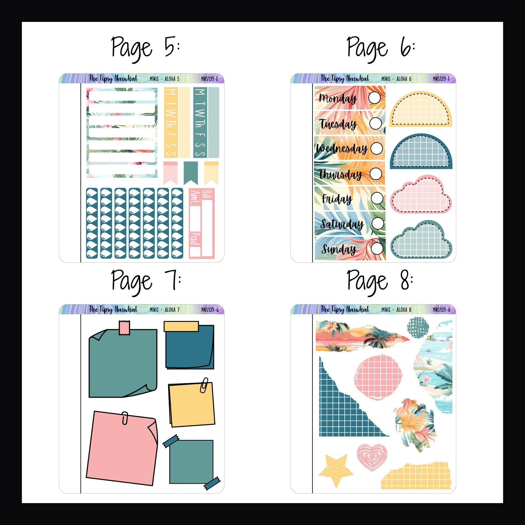 The Aloha Freestyle Minis pages 5-6.  Page 5 features tracking stickers, page 6 date covers.  Page 7 is filled with sticky note style stickers and Page 8 features decorative rips and scribble stickers.