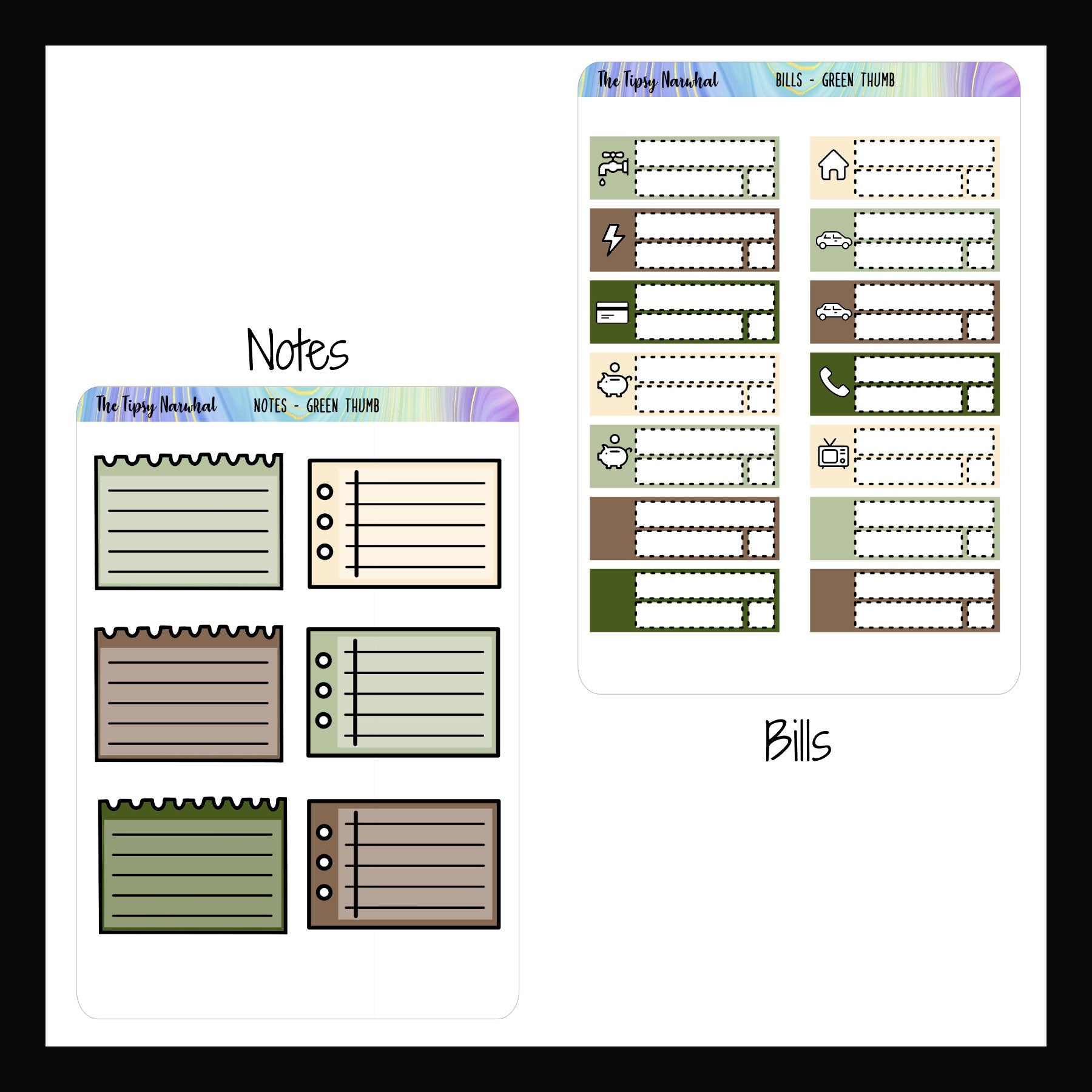 Green Thumb Kit Matching Functional stickers.  The Notes sheet features 6 stickers with a lined note page appearance.  The bills sheet features 14 stickers to track common bills, including 4 blank stickers for custom bills.