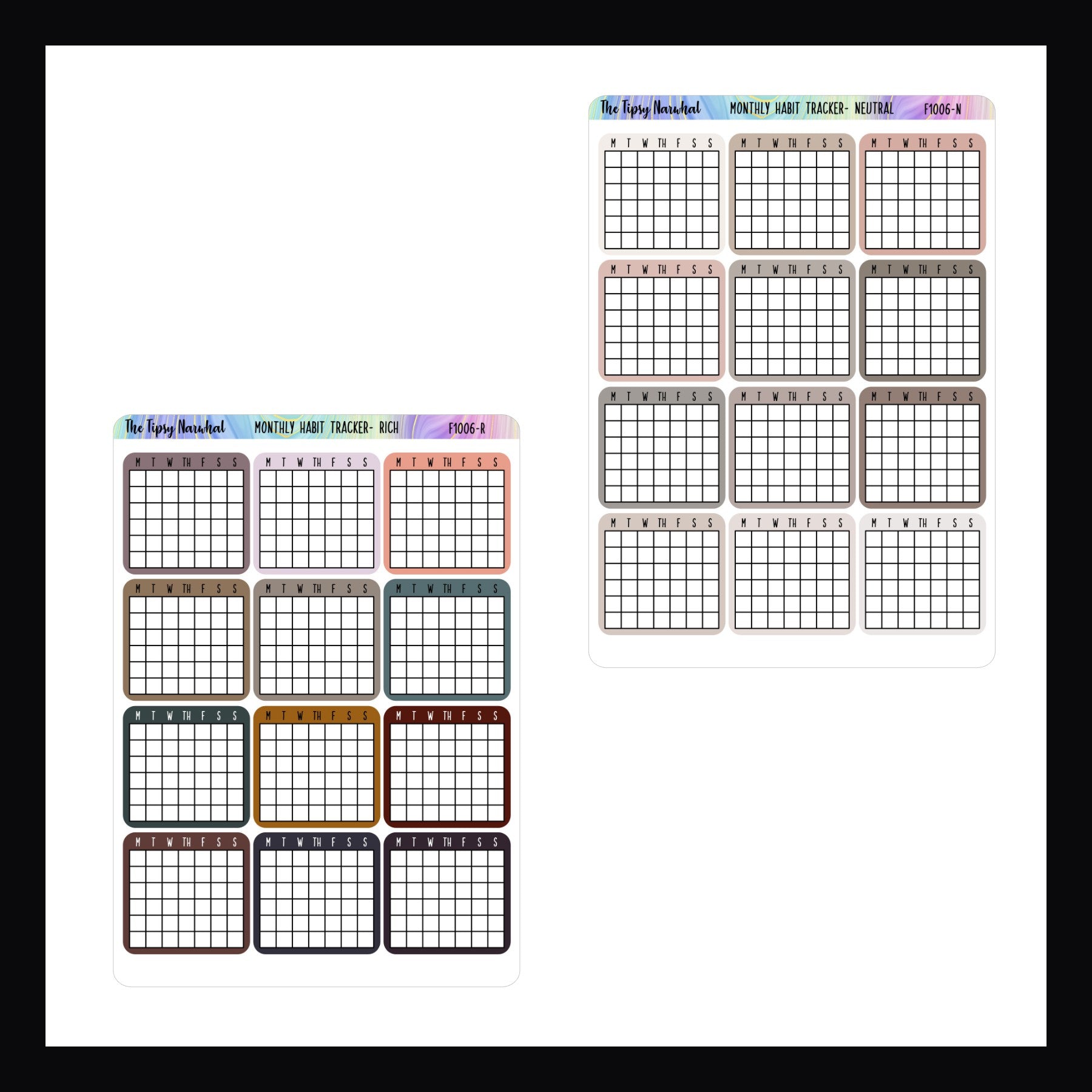 Rich monthly habit sticker, neutral monthly habit stickers, 12 stickers each, one month tracker, one habit