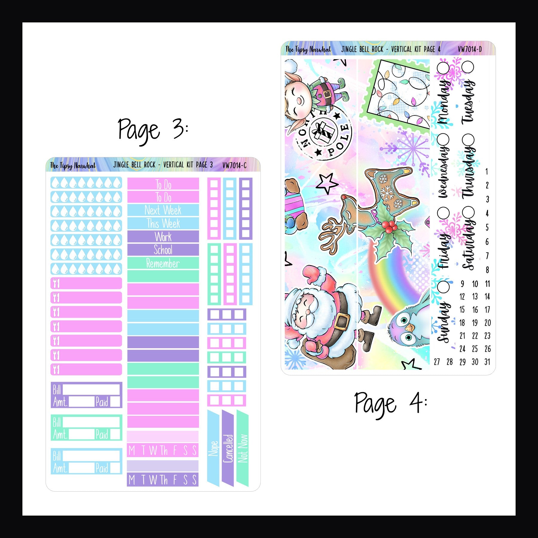 Jingle Bell Rock Vertical Kit Pages 3 and 4.  Page 3 features water tracking, meal tracking, bill and habit tracking stickers.  It also features headers, checklists and cancellation stickers.  Page 4 features date covers and large format washi with a bright holiday design.