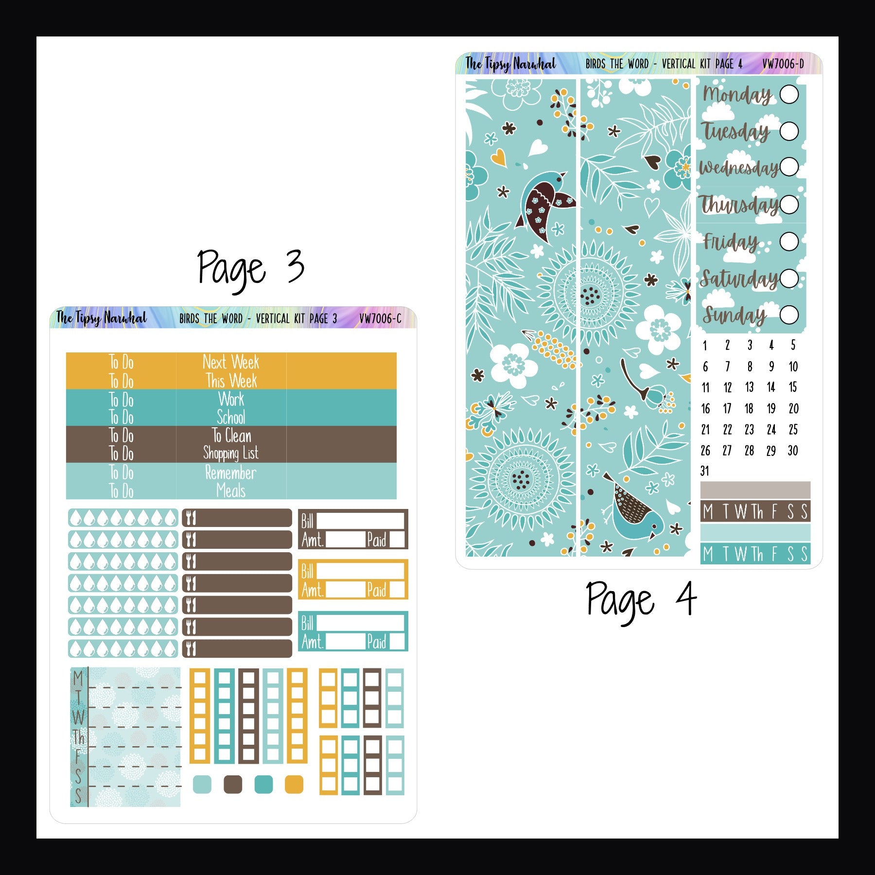 Digital Birds the Word Vertical Kit pages 3 and 4.  Page 3 features header and checklists stickers, water and meal tracking and bill due stickers.  Page 4 features washi strips, habit trackers and date covers.