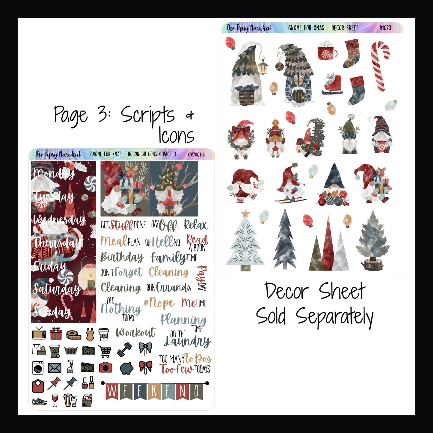 Gnome for Christmas Hobonichi Cousin Kit Page 3 and Decor Sheet. Page 3 features additional date covers, daily icons and script stickers. The decor sheet features various gnomes and holiday items such as trees snowflakes and winter wear.