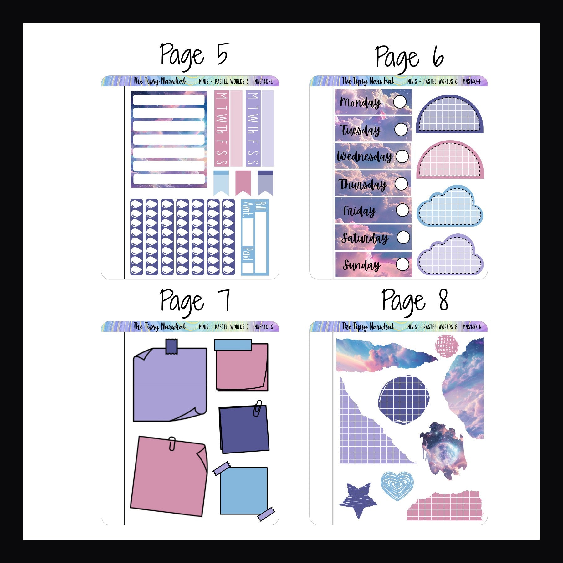 The Pastel Worlds Freestyle Minis pages 5-6.  Page 5 features tracking stickers, page 6 date covers.  Page 7 is filled with sticky note style stickers and Page 8 features decorative rips and scribble stickers.