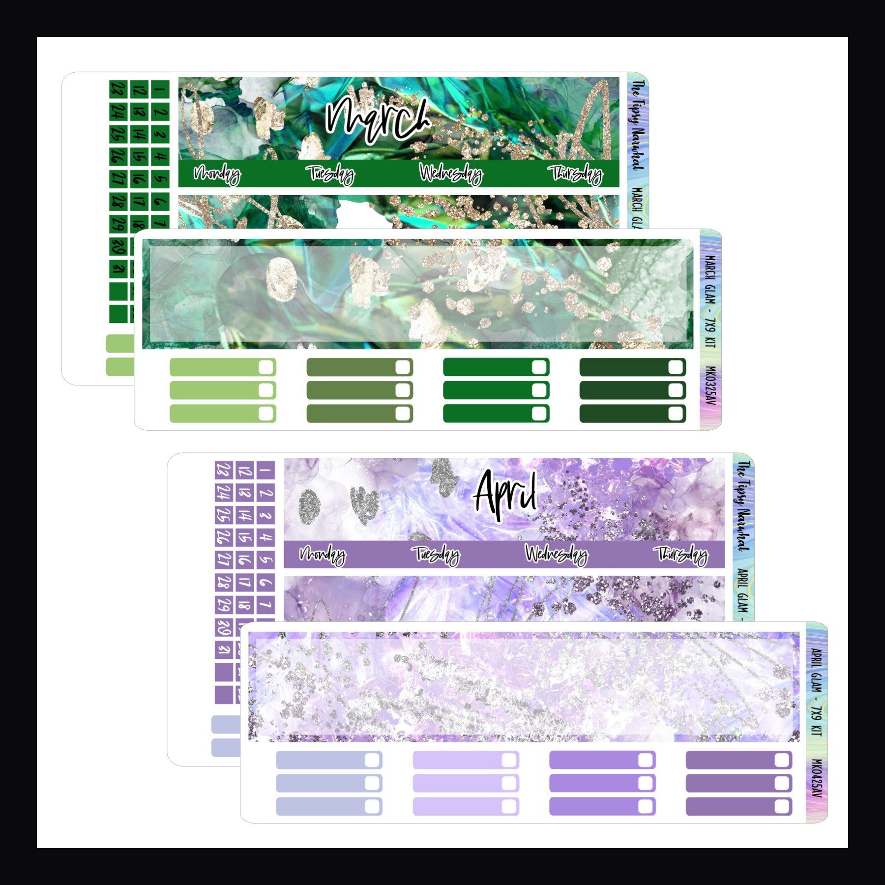 March and April Glam Monthly Kits for 7x9 vertical planners.  March features a green color palette with gold accents.   April features a lilac color palette with silver accents.