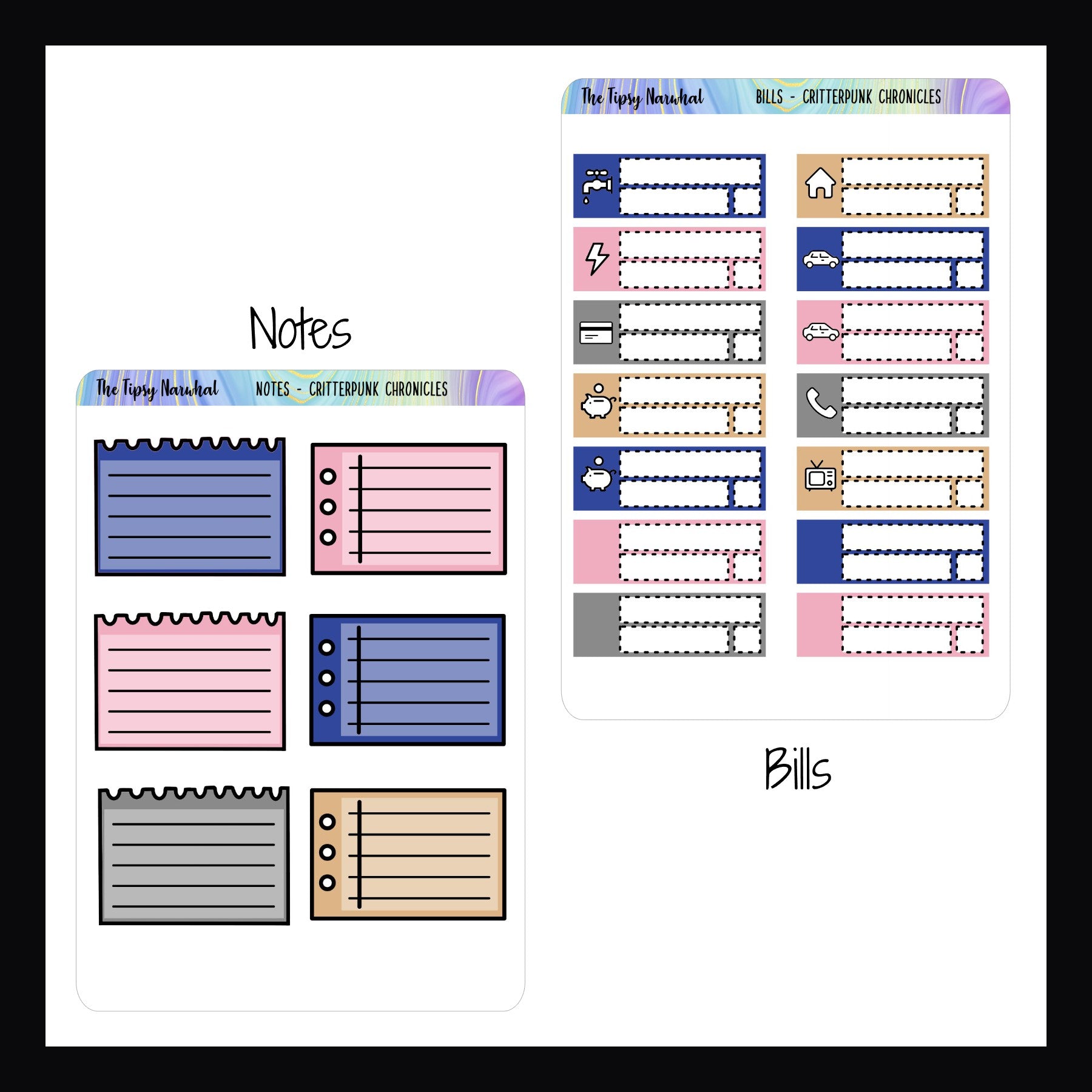 Critterpunk Chronicles Functionals Notes sheet contains 6 note style stickers with lines to jot notes.  The Bills sheet features 14 bill tracking stickers, 12 of which feature common bill-type icons.  4 remain blank for customization.