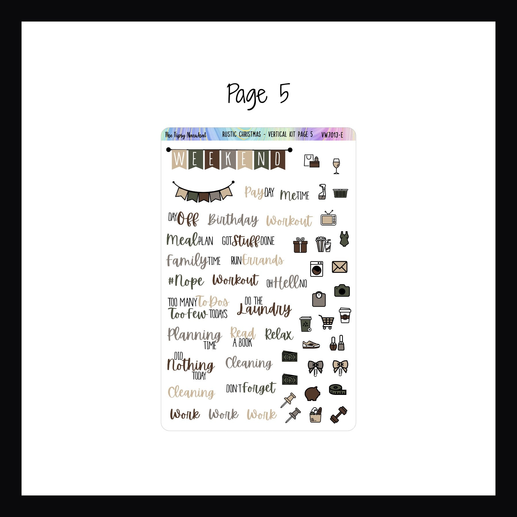 Rustic Christmas Vertical Page 5 features a weekend banner, daily icon stickers and script stickers.