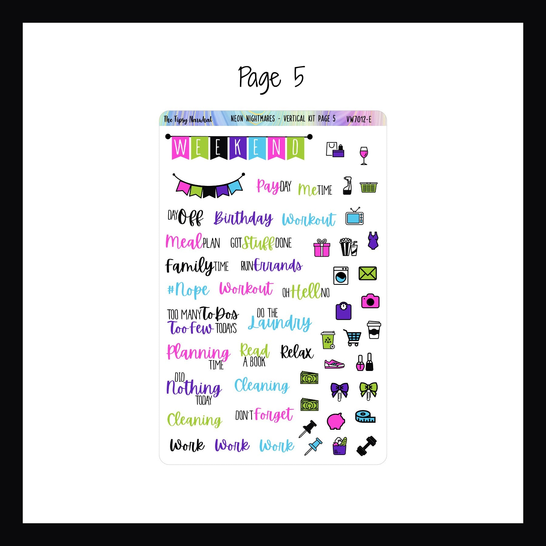 Neon Nightmares Vertical Kit page 5 features a weekend banner, script stickers and daily icon stickers.
