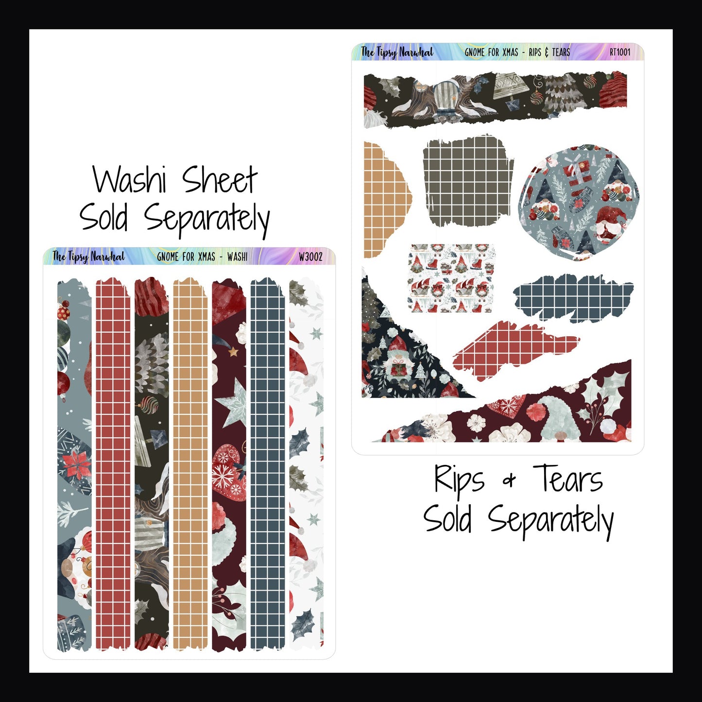Gnome for Xmas Washi Sheet and Rip & Tears sheet. The Washi sheet features 7 washi strips that coordinate with the Gnome for Xmas sticker kits. The Rips & Tears sheet features multiple shapes and sizes of coordinating stickers featuring a ripped appearance