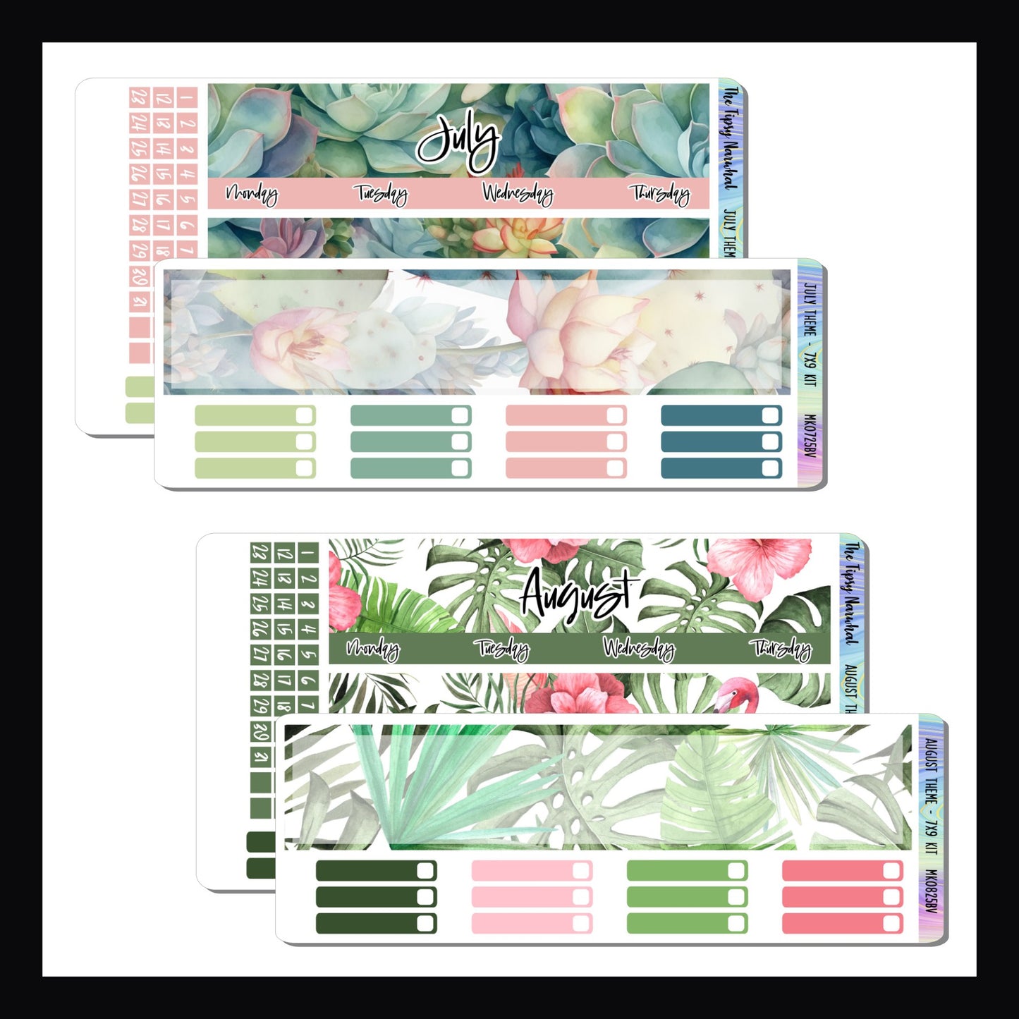 July and August Themed Monthly Kits for 7x9 vertical planners. July features a succulent theme with a peach and cool green color palettes. August's theme is tropical foliage and flamingos. It's color palette features bright pinks and greens.