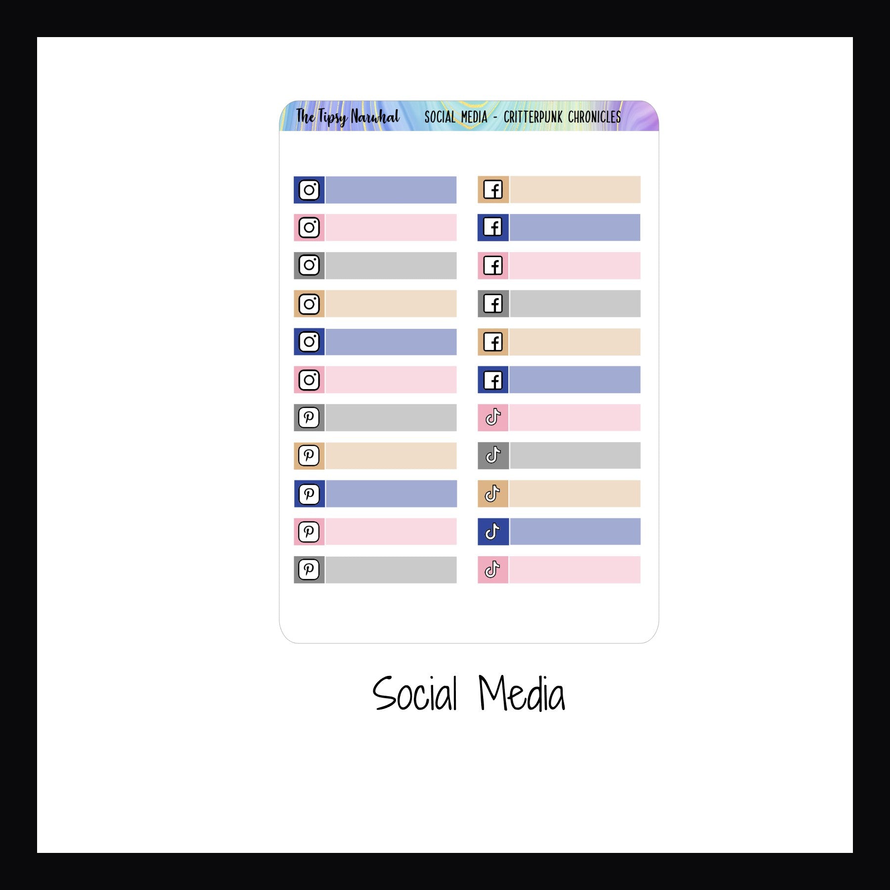 Critterpunk Chronicles Functionals Social Media Sheet features 21 skinny style stickers, each features an icon of a popular social media platform.