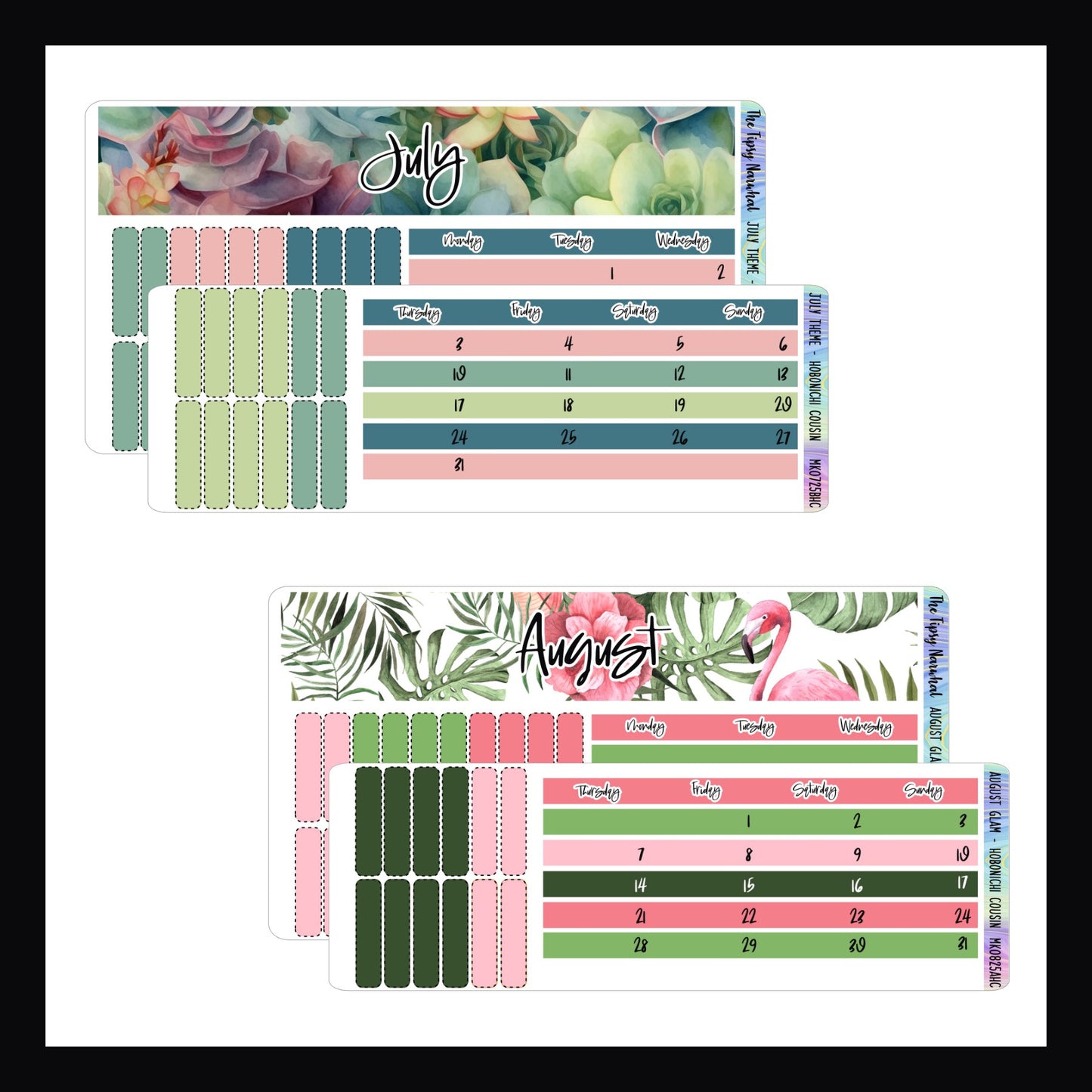 July and August 2025 Themed Monthly Kits. July features a succulent plant theme with a peach and green color palette. August is a tropical themed kit with flamingos and tropical leaves. It has a bright pink and green color palette.