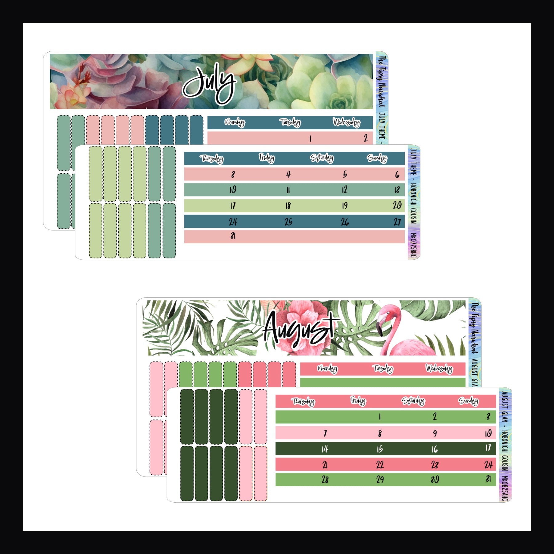 July and August 2025 Themed Monthly Kits.   July features a succulent plant theme with a peach and green color palette.  August is a tropical themed kit with flamingos and tropical leaves.  It has a bright pink and green color palette.