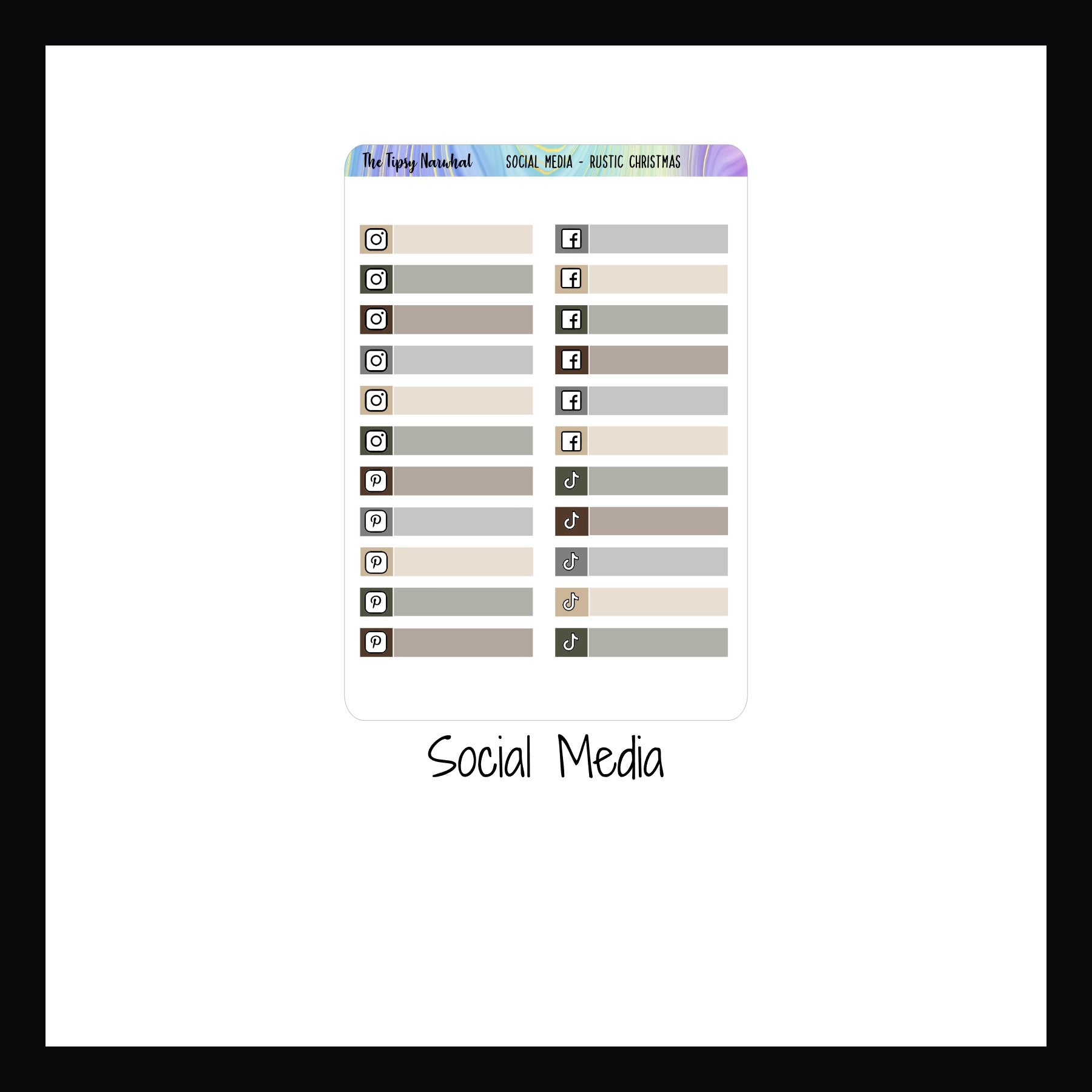 Rustic Christmas Kit Matching Functionals Social Media Sheet features 22 different stickers to track posts on major platforms including Instagram, Facebook, TikTok and Pinterest.