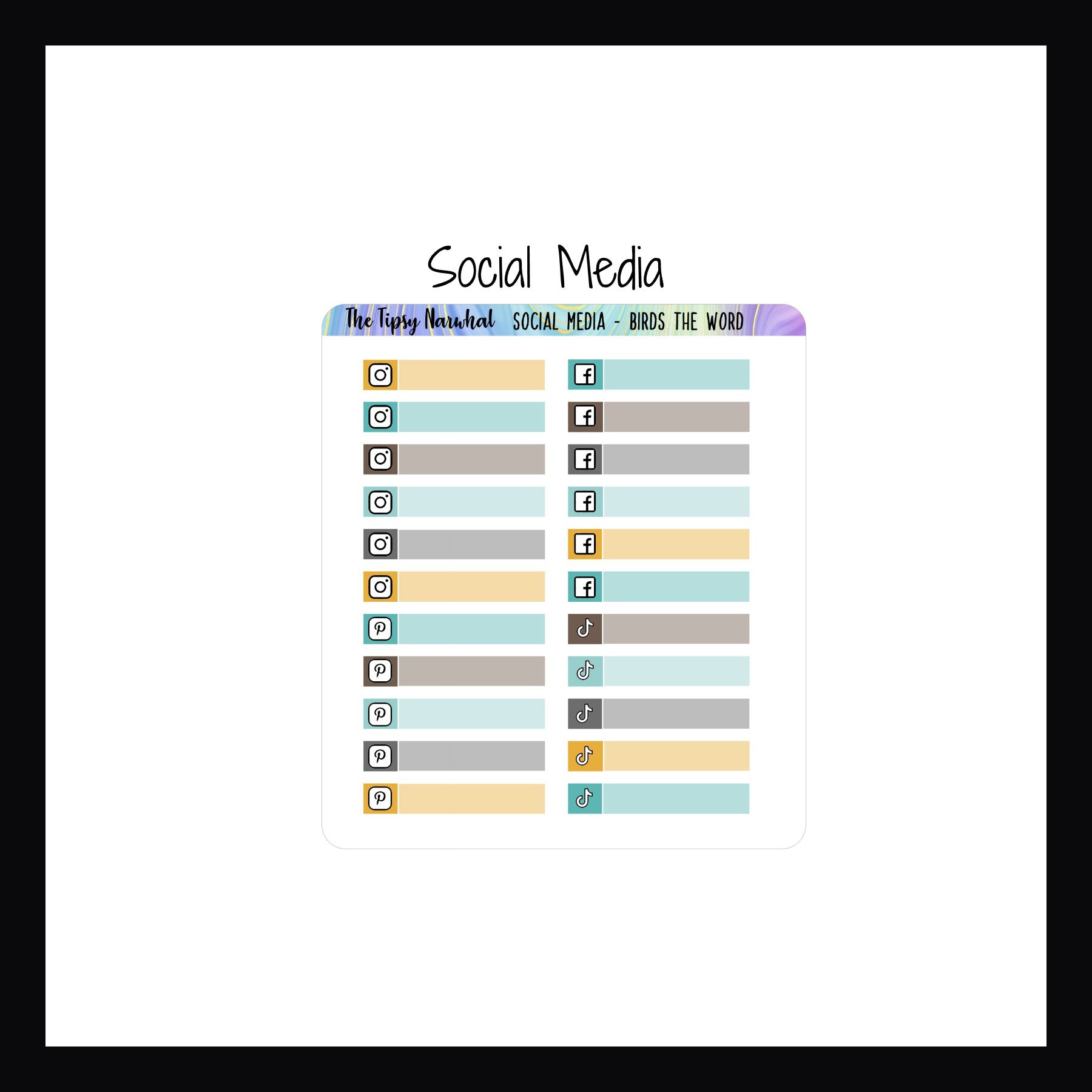 Birds the Word Kit Matching Functionals Social Media sheet features 22 skinny stickers each featuring a social media platform's icon.