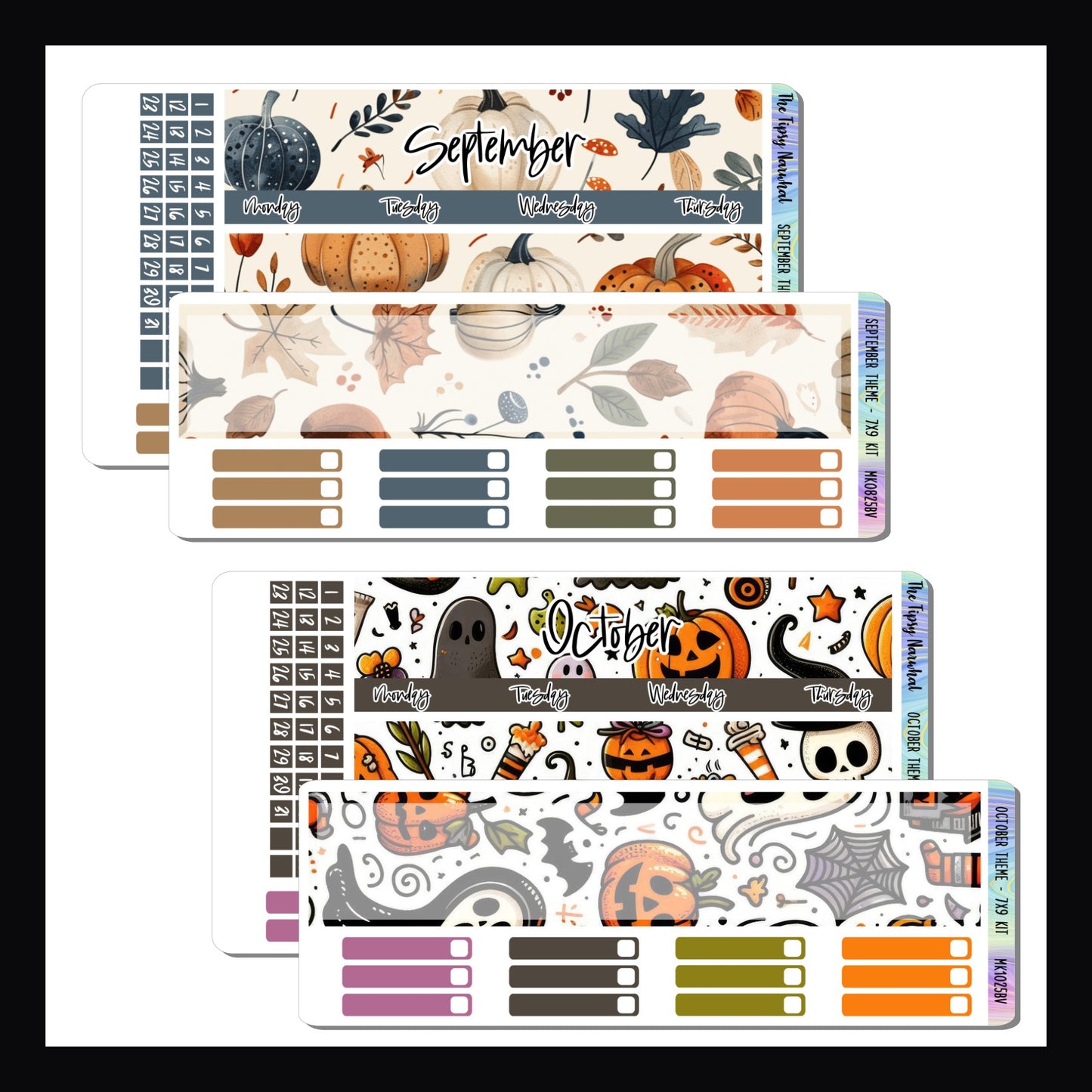 September and October Themed Monthly Kits for 7x9 vertical planners. September theme is fall leaves and pumpkins. It features a color palette or orange, green, and blue. October features a doodle Halloween theme with oranges, green, purples and black colors.