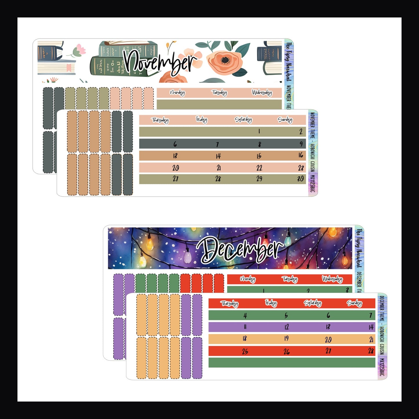 November and December 2025 Themed Monthly Kits. Novembers kit features a book theme with a peach and green color palette. The December kit features a holiday lights theme with a bright rainbow color palette.