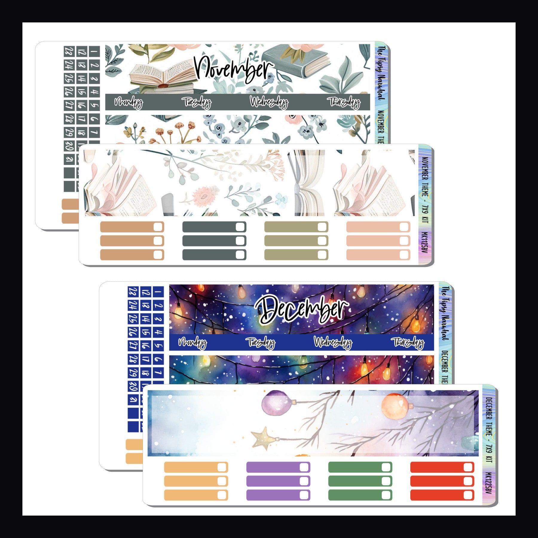 November and December Themed Monthly Kits for 7x9 Vertical Planners. November features a floral book theme with colors of blues, greens, peach and yellow. December has a rainbow color palette and features a holiday light theme.
