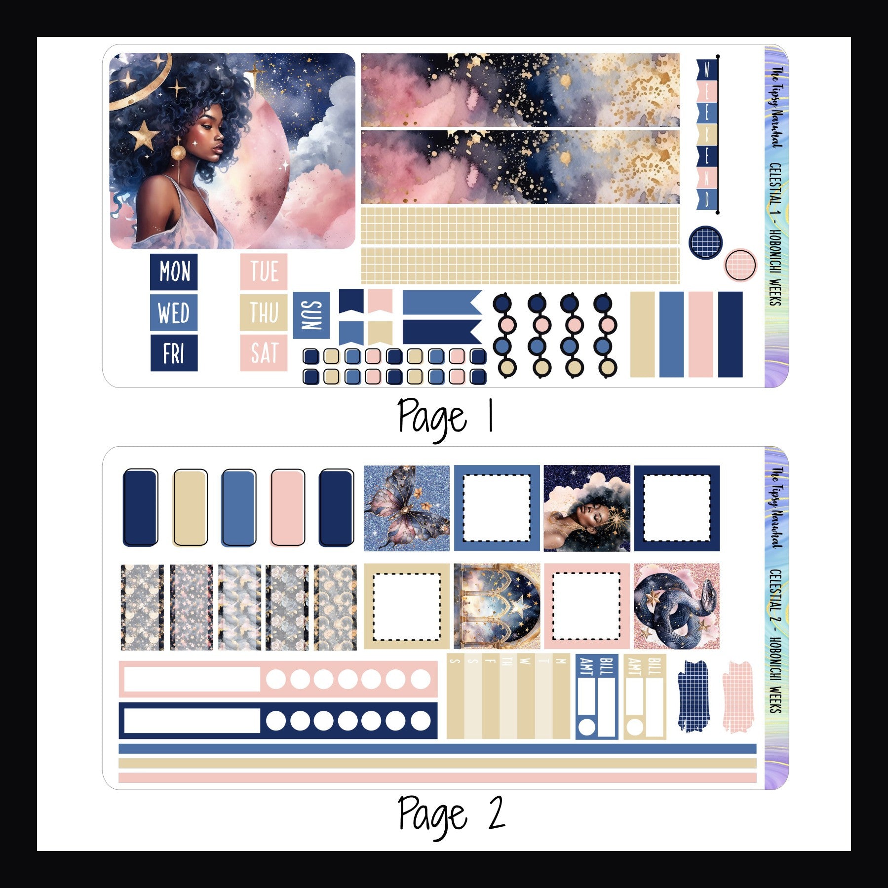 Celestial Hobonichi Weeks pages 1 and 2 on white background.  Page 1 features date covers, washi, weekend banner and large decor sticker. Page 2 features tracking stickers, quarter box stickers and square stickers.