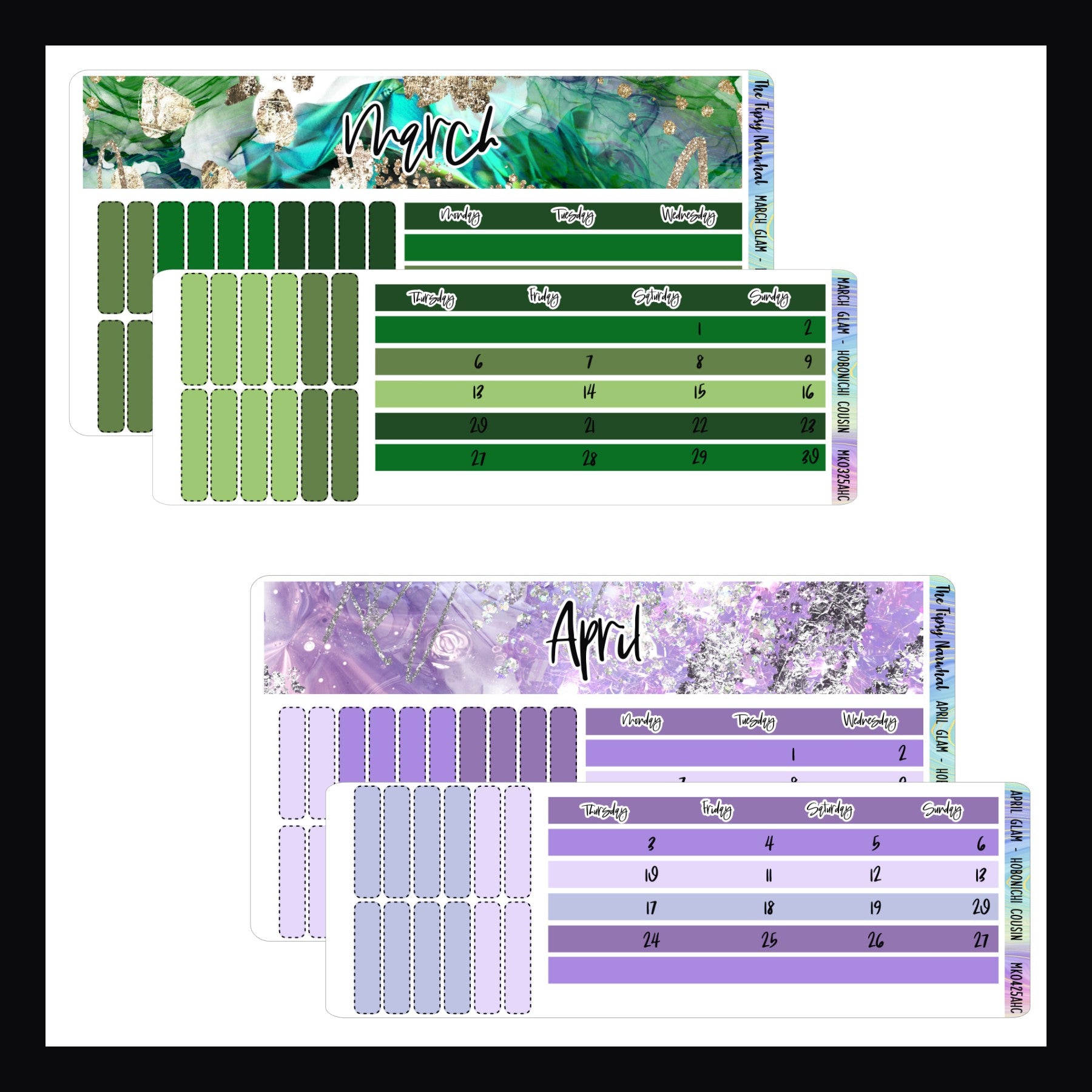 March and April Glam Monthly Kits for Hobonichi Cousin.  March features a green color palette with gold accents.  April features a lilac color palette with silver glitter accents.