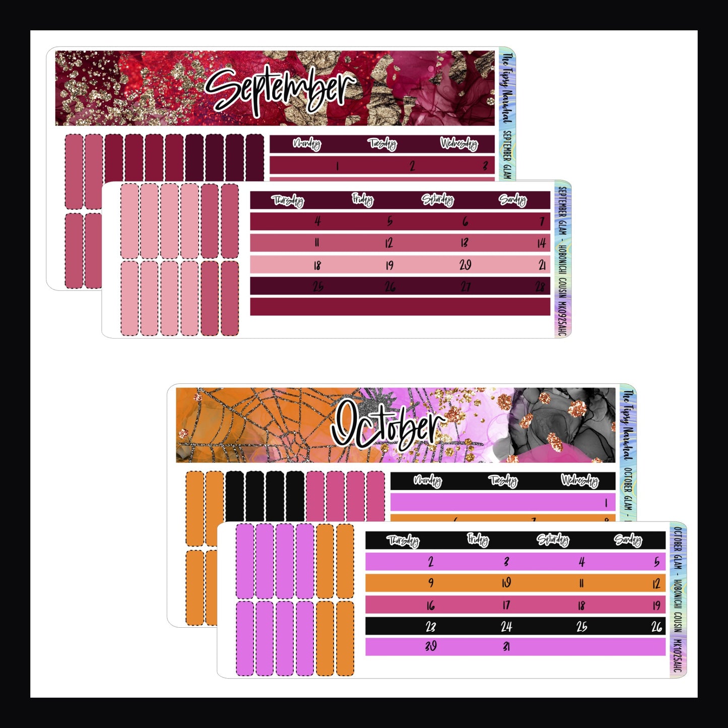 September and October Glam Monthly Kits for Hobonichi Cousin. September features a deep red color palette with gold glitter. October features a pink orange and black color theme with black and rose gold glitter.