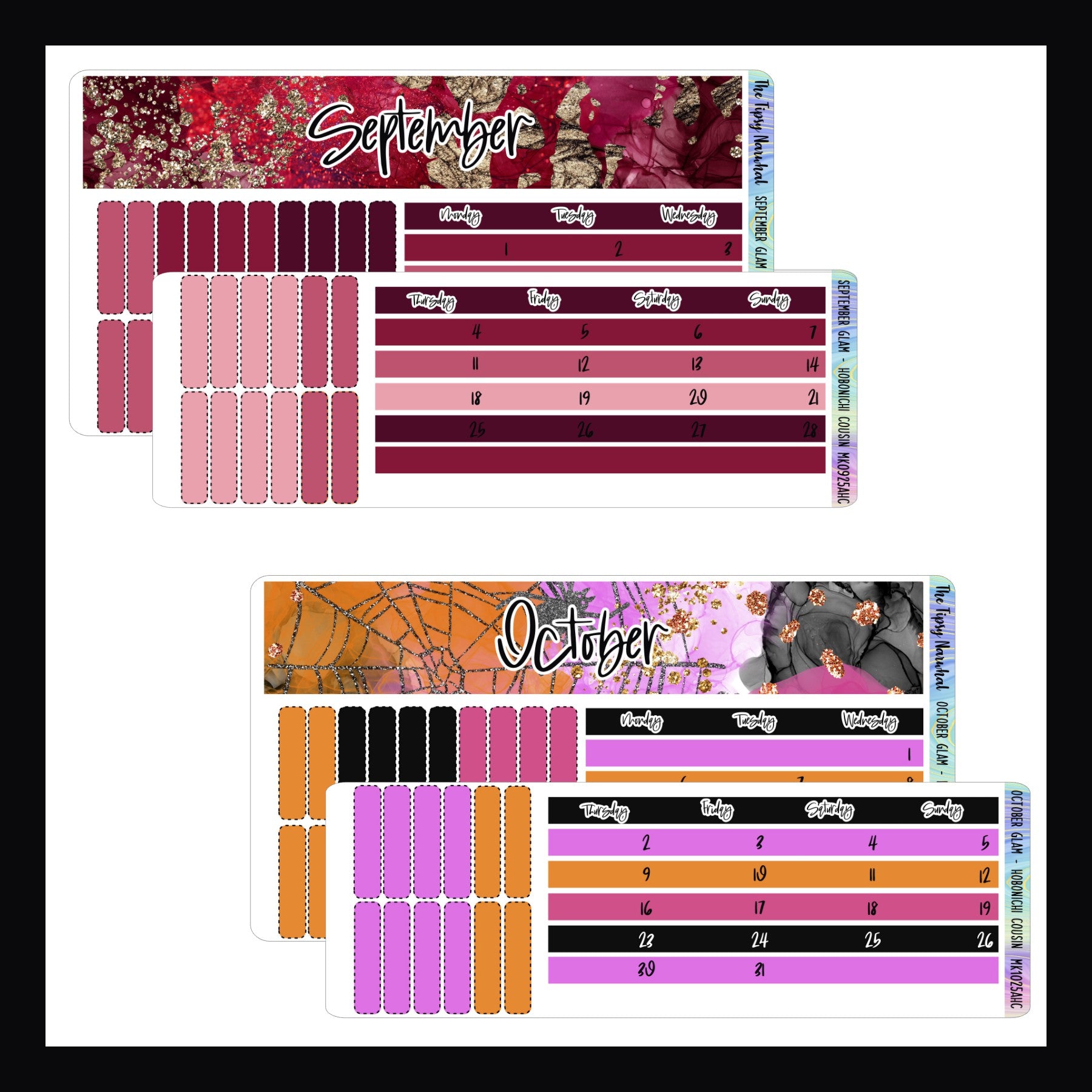 September and October Glam Monthly Kits for Hobonichi Cousin.  September features a deep red color palette with gold glitter.  October features a pink orange and black color theme with black and rose gold glitter.