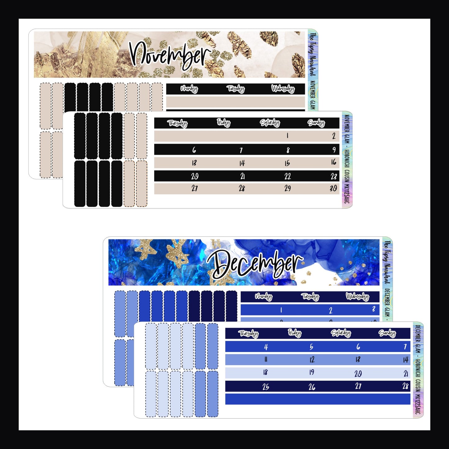 November and December Glam Monthly Kits for the Hobonichi Cousin. November features a black and beige color palette with gold accents. December features a cobalt blue color palette with gold glitter accents.
