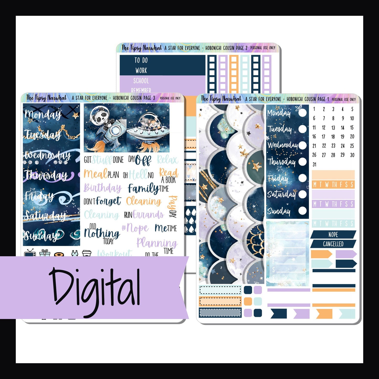 Digital A Star For Everyone Hobonichi Cousin kit is a digital printable version of the A Star For Everyone Hobonichi Cousin Kit. It's a 3 page sticker kit sized to fit the Hobonichi Cousin