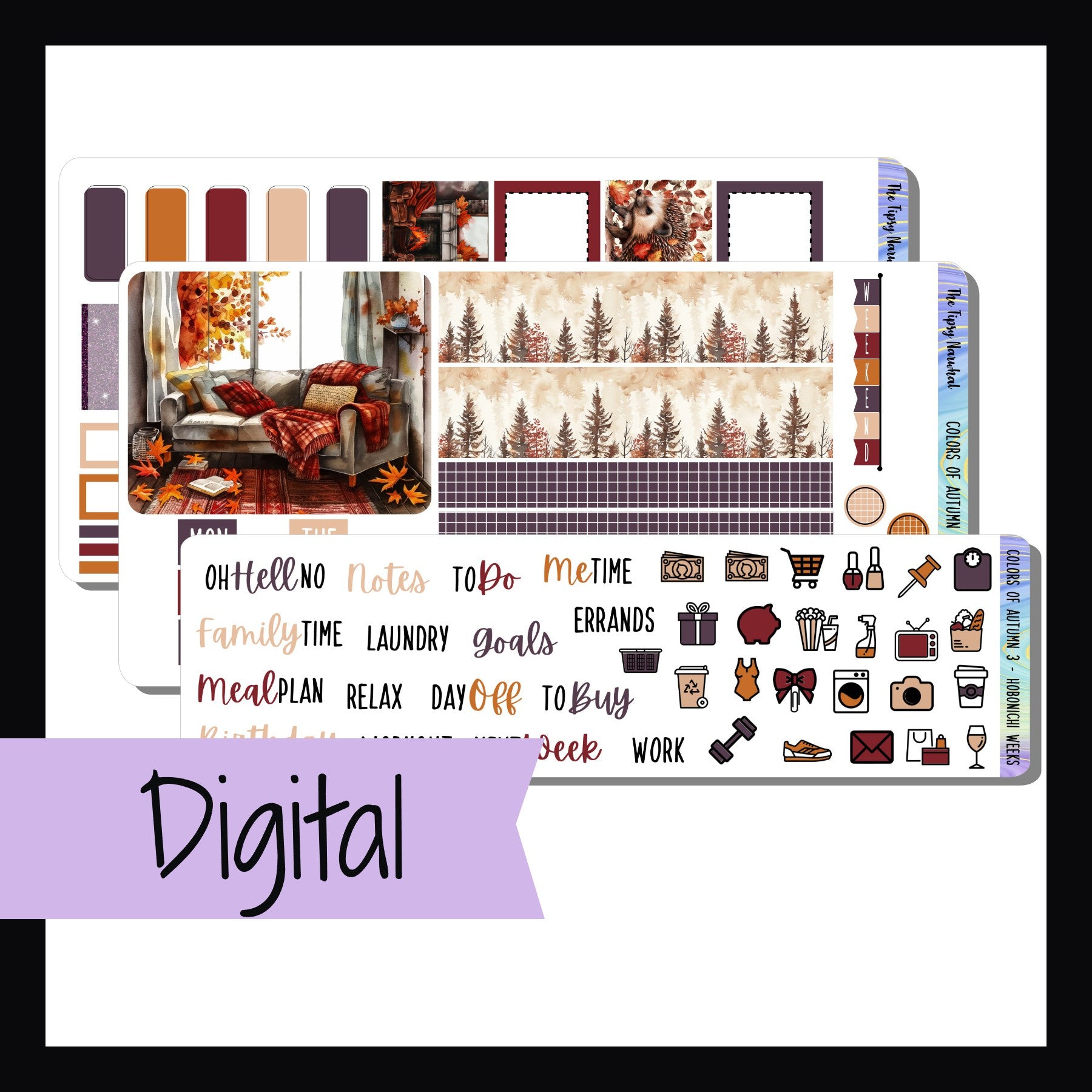 Digital Colors of Autumn Hobonichi Weeks Kit is a digital/printable version of the sticker kit with the same name. It is a 3 page kit for weeks style planners featuring a fall theme and rich color palette.
