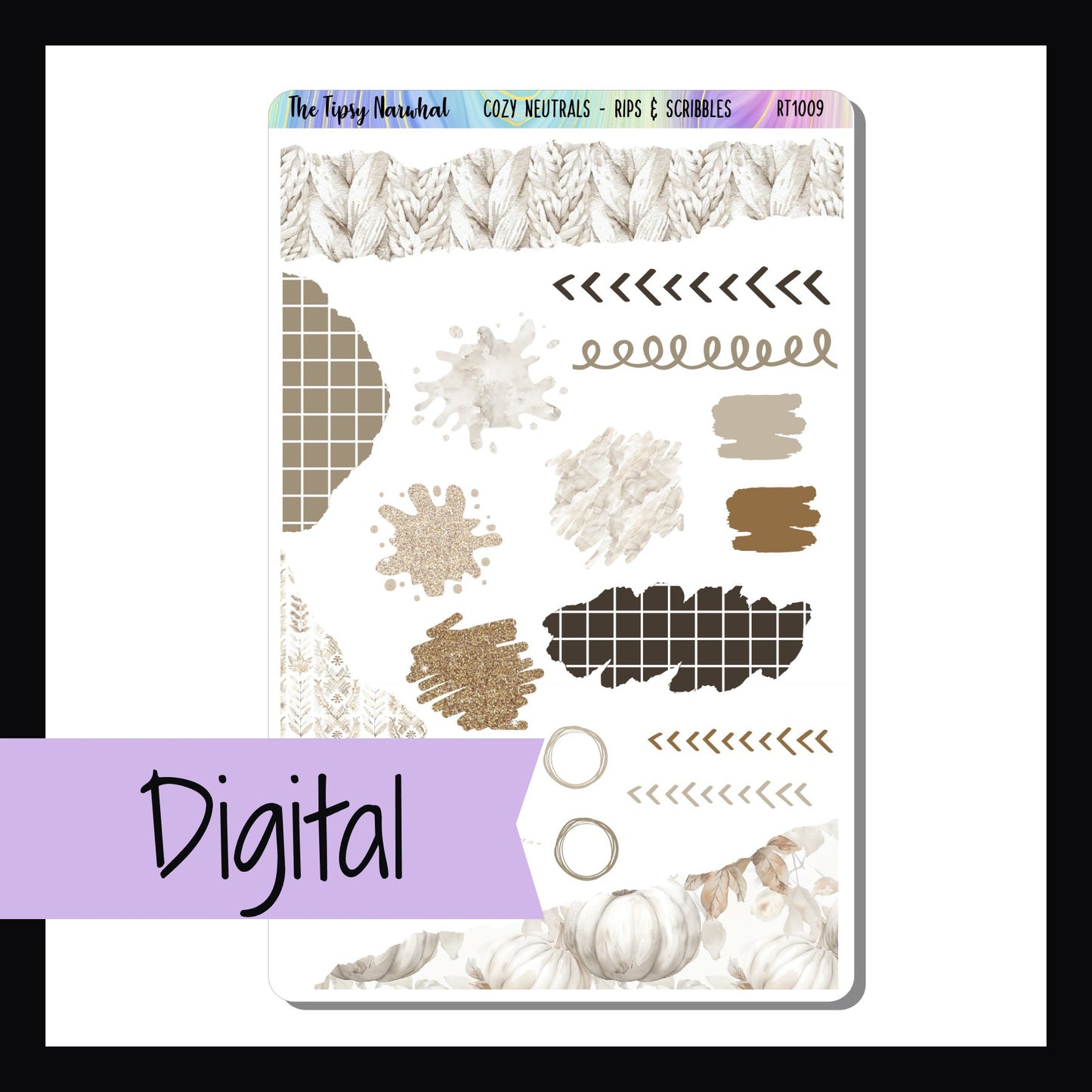 The Digital Cozy Neutrals Rips & Scribbles Sheet is a digital/printable version of the sticker sheet with the same name. It features multiple stickers with a splashed, scribbled or torn-like appearance. All stickers coordinate with the Cozy Neutrals weekly kits.