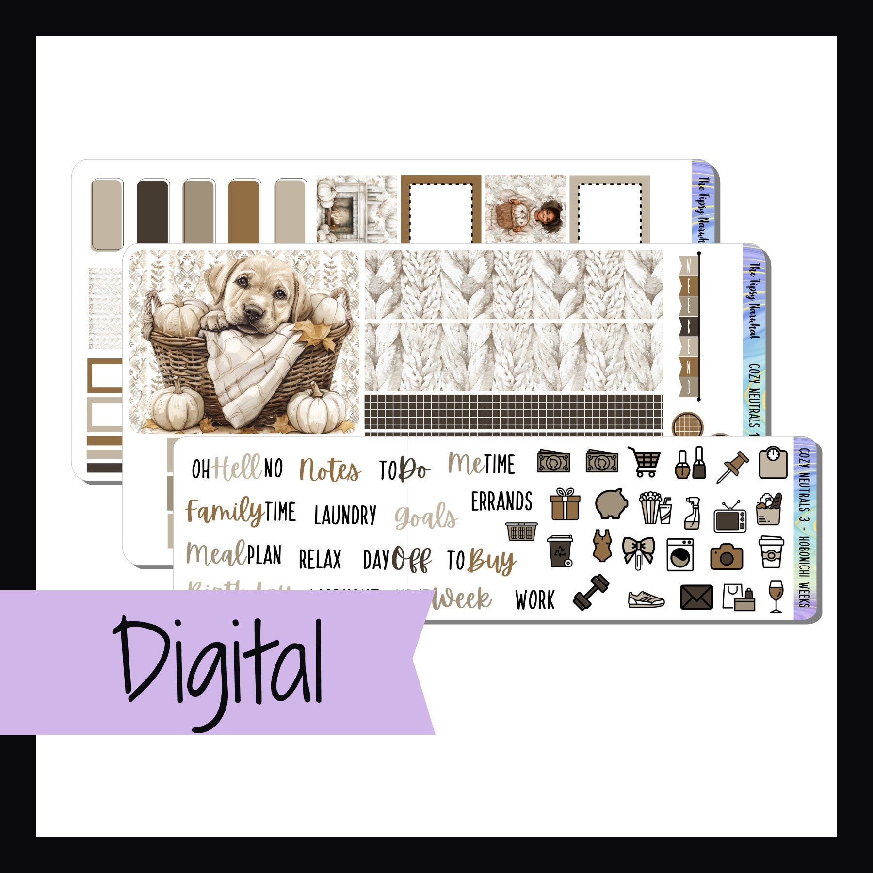 Digital Cozy Neutrals Hobonichi Weeks Kit is the digital/printable version of the kit by the same name. It features a cozy fall aesthetic and a neutral color palette.