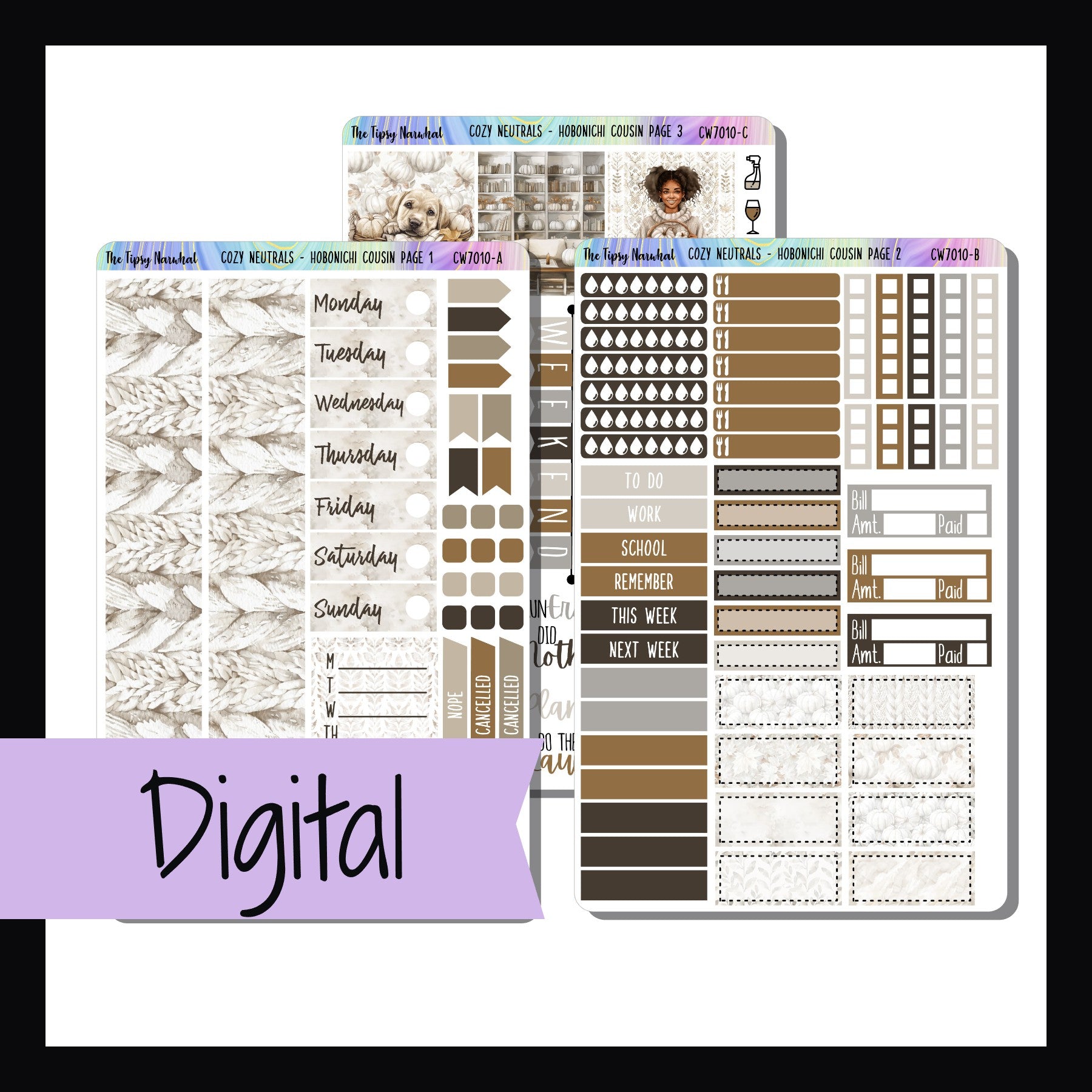 The Digital Cozy Neutrals Hobonichi Cousin Kit is a three page sticker kit designed to fit the Hobonichi Cousin planner.  The theme is a cozy fall aesthetic with a neutral color palette.
