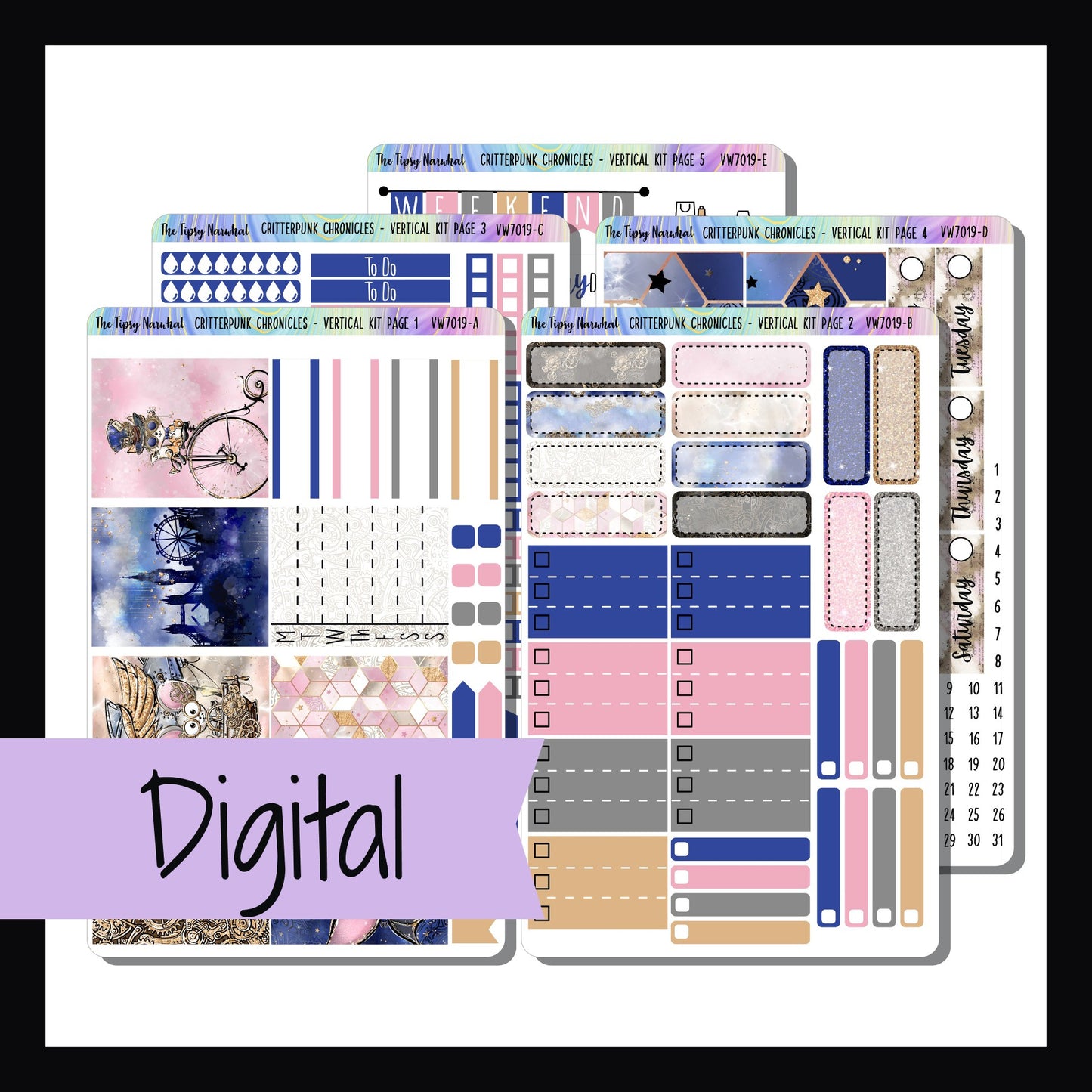 Digital Critterpunk Chronicles Vertical Weekly Kit is a digital/printable format of the sticker kit with the same name. This 5 page sticker kit download contains JPEG, PNG, PDF images plus an SVG cut file.