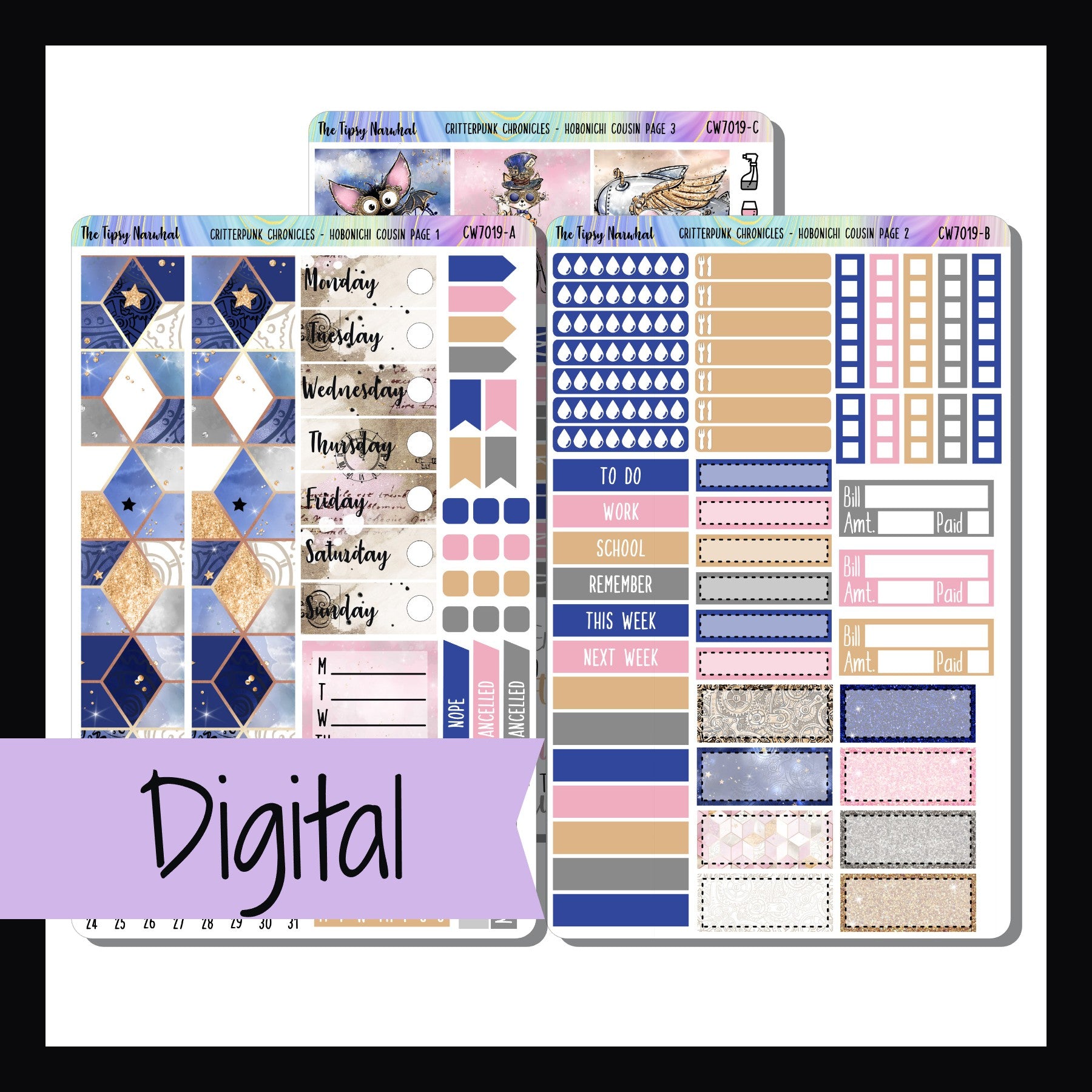 Digital Critterpunk Chronicles Hobonichi Cousin Kit is a digital/printable version of the sticker kit with the same name.  This download includes JPEG, PNG, and PDF image files as well as an SVG cut file.