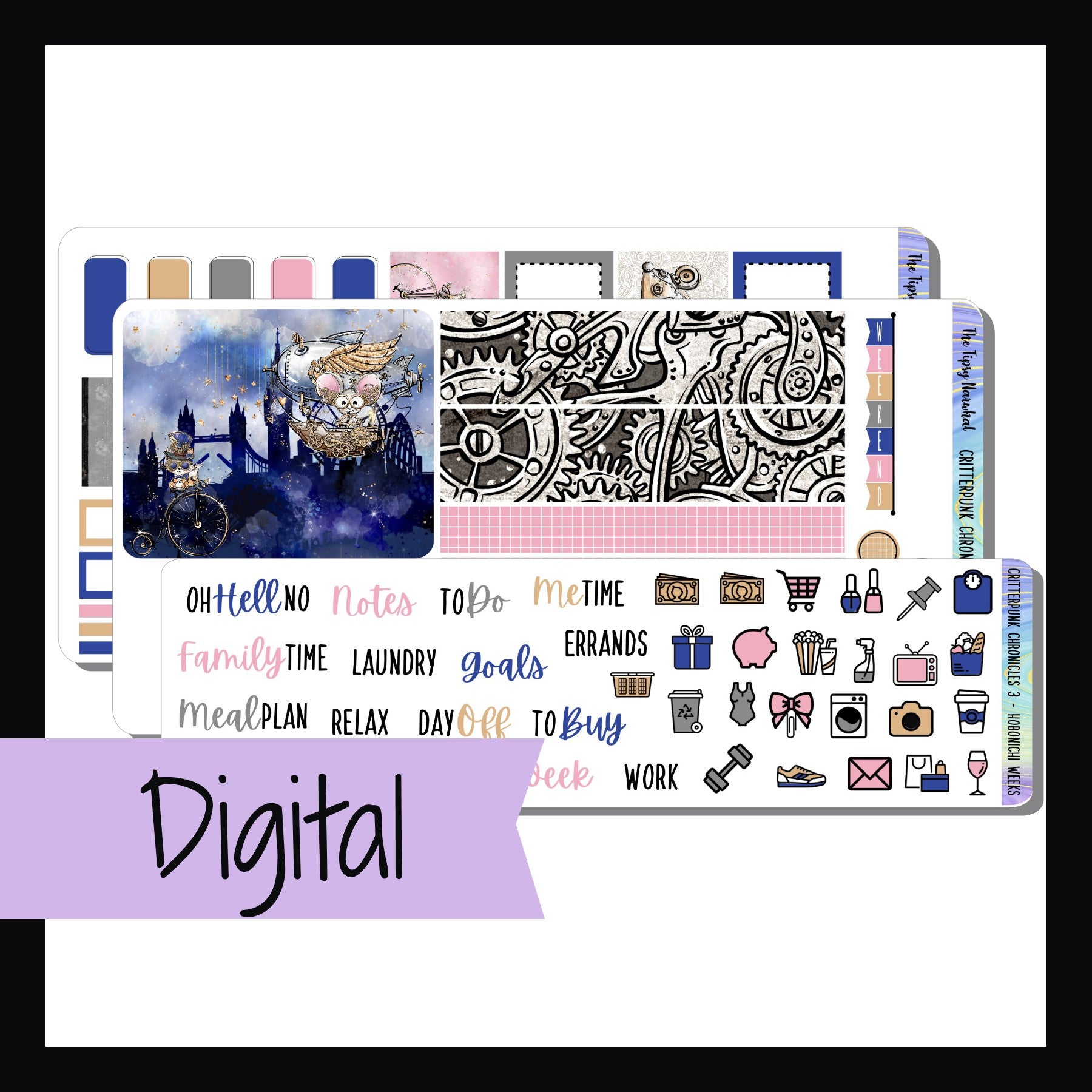 The Digital Critterpunk Chronicles Hobonichi Weeks Kit is a digital/printable version of the sticker kit with the same name.  The download contains JPEG, PNG, and PDF image files as well as an SVG cut file.