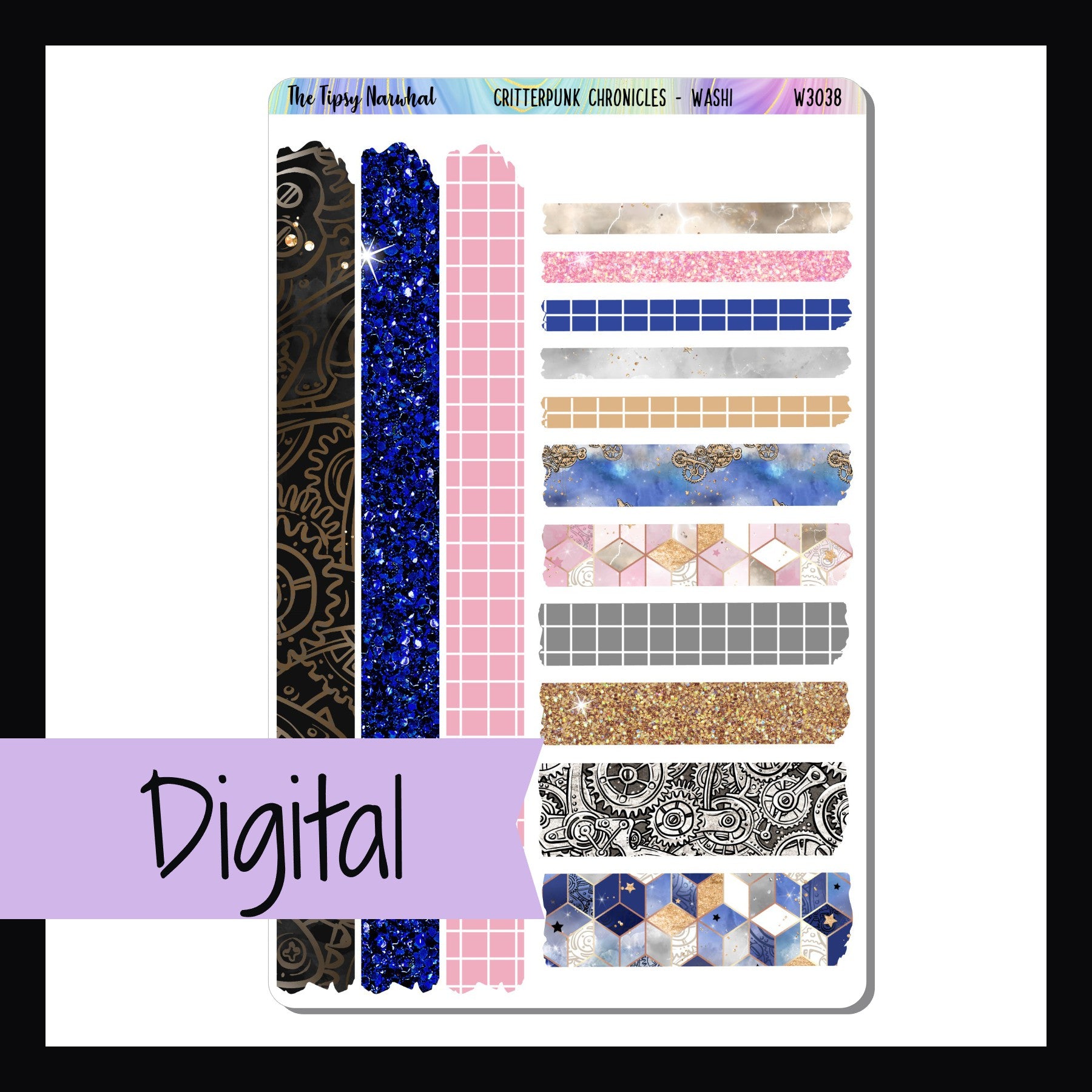 Digital Critterpunk Chronicles Washi Sheet is a digital/printable version of the sticker sheet with the same name.  The download contains JPEG, PNG, and PDF image files as well as a SVG cut file.